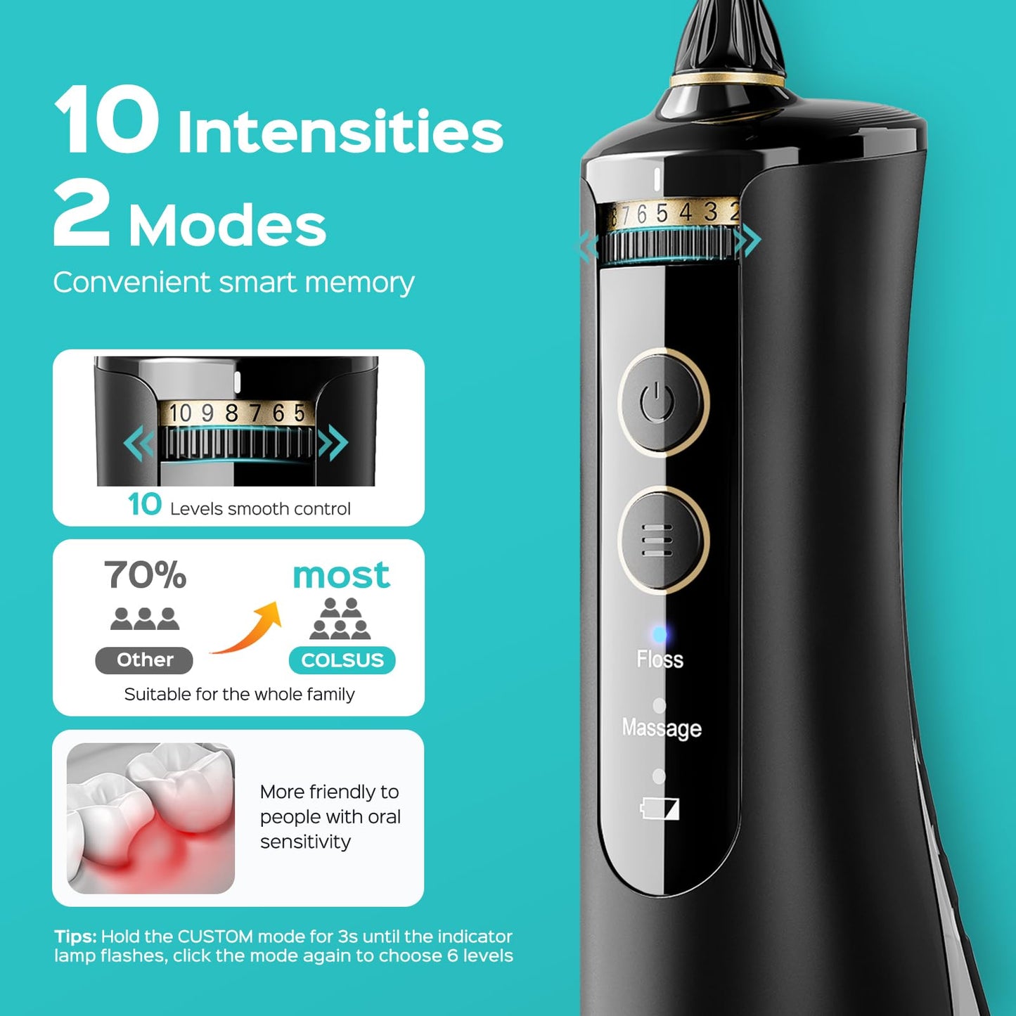 COSLUS Water Portable Flosser for Teeth: Electric Flosser for Braces, Sensitive Teeth, Gums - Advanced 10 Pressure Settings for Multiple Users, Cordless for Travel, MDL, BPA-Free, Black, E40(WFP14)