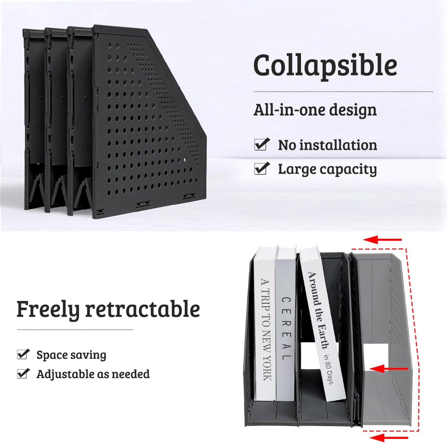 SAYEEC 2Pcs Collapsible Plastic Magazine File Holder Vertical Binder Storage Organizer for Desk Sturdy Upright Desktop Magazine Organizer Folder Rack for Office School Home (3 Compartments, Black)