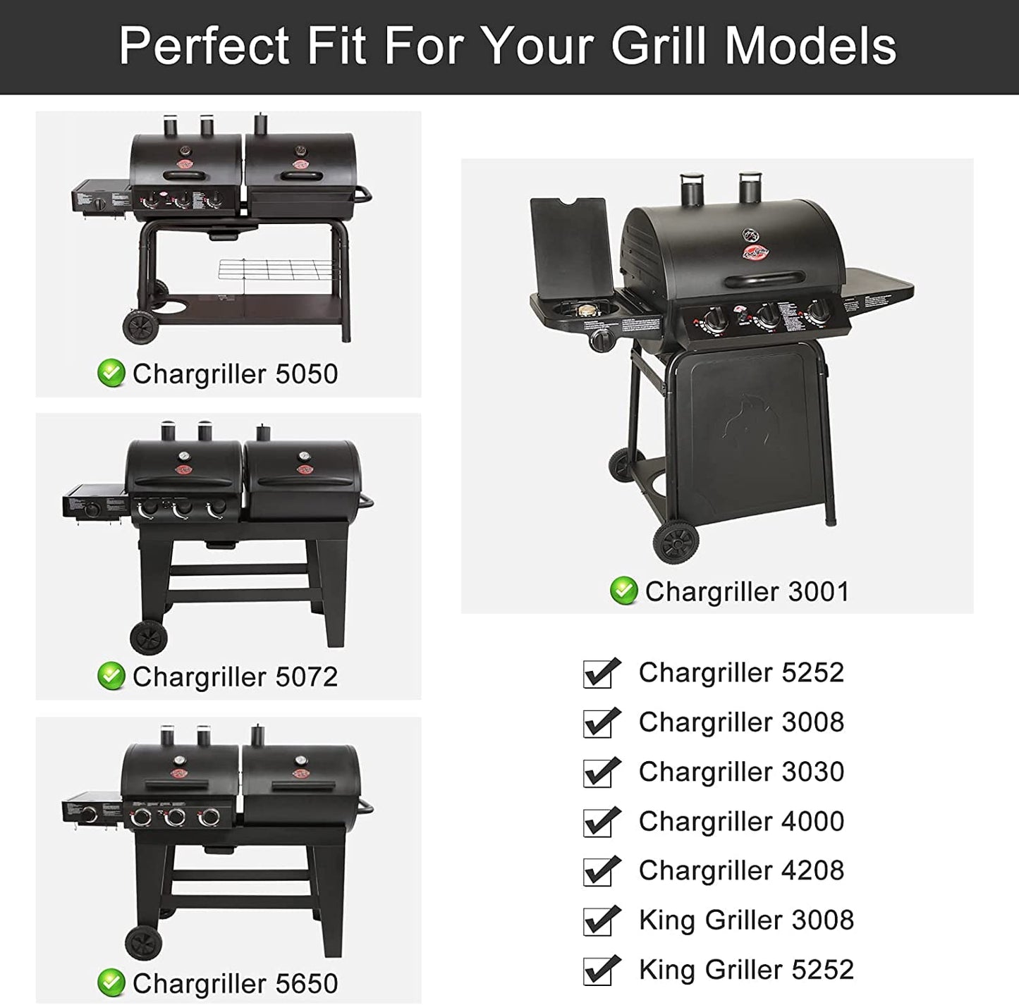 Criditpid Grill Parts for Chargriller 5050, 5650, 3001, 3030, 5072, 3008, 4000, 5252, 3072 Grill Models, Porcelain Steel Heat Plate, Burner Tube, Hanger Bracket, Electronic Igniter.