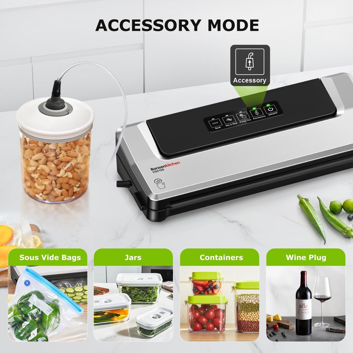 Bonsenkitchen Vacuum Sealer Machine, 90Kpa Powerful Food Sealer, Multi-Functional Food Vacuum Sealer with Vacuum Bags & Accessory Hose,Globefish Technology for High-Speed Continuous Working, Silver