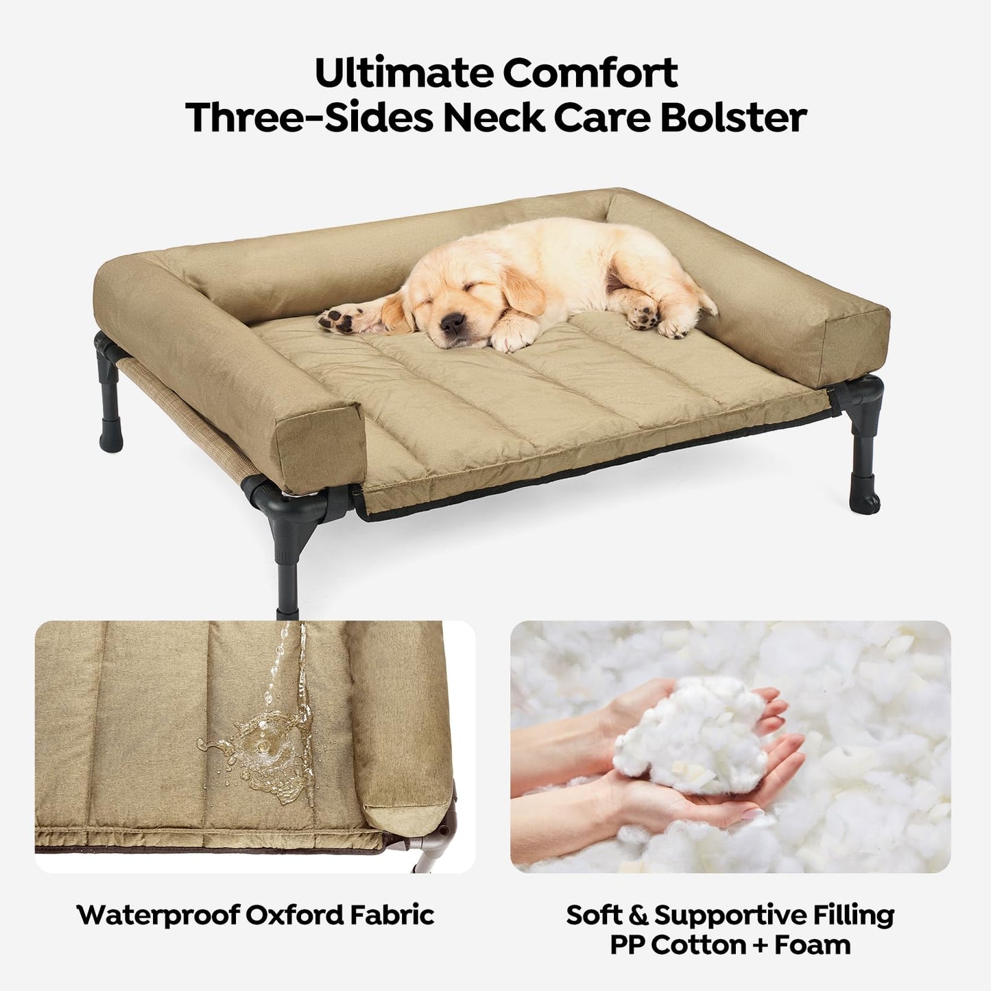 Veehoo Elevated Dog Bed, Lifted Dog Ded Add Waterproof Removable Pillow-Top Mat, Raised Pet Cot with Breathable Mesh, No-Slip Feet, Bolster Dog Cot Bed for Indoor & Outdoor, 81 x 64 cm, Beige