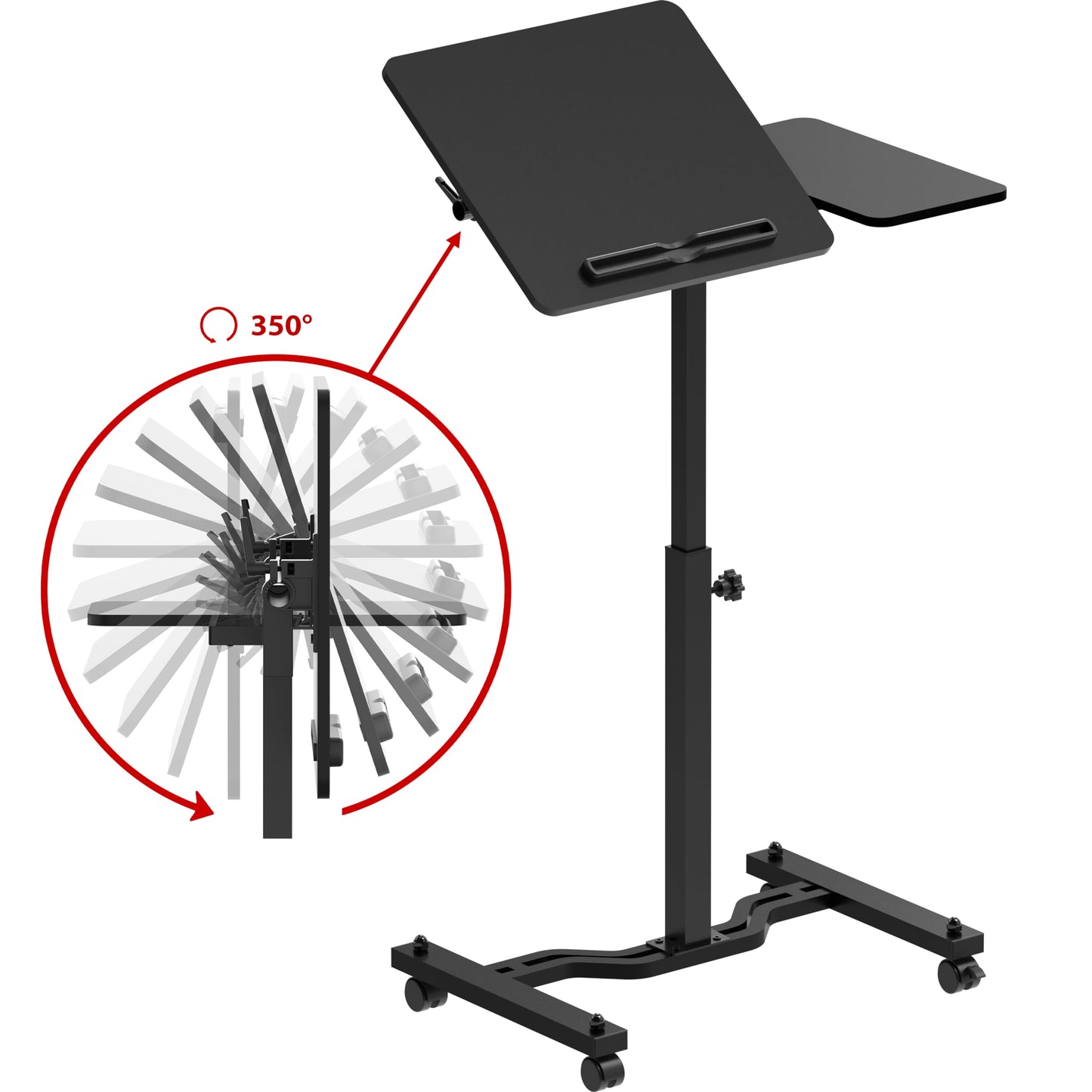 SHW 28.75" to 40.5" Height Adjustable Rolling Laptop Cart with Tilting Desktop and Side Shelf, 73 to 103.9 cm, Black