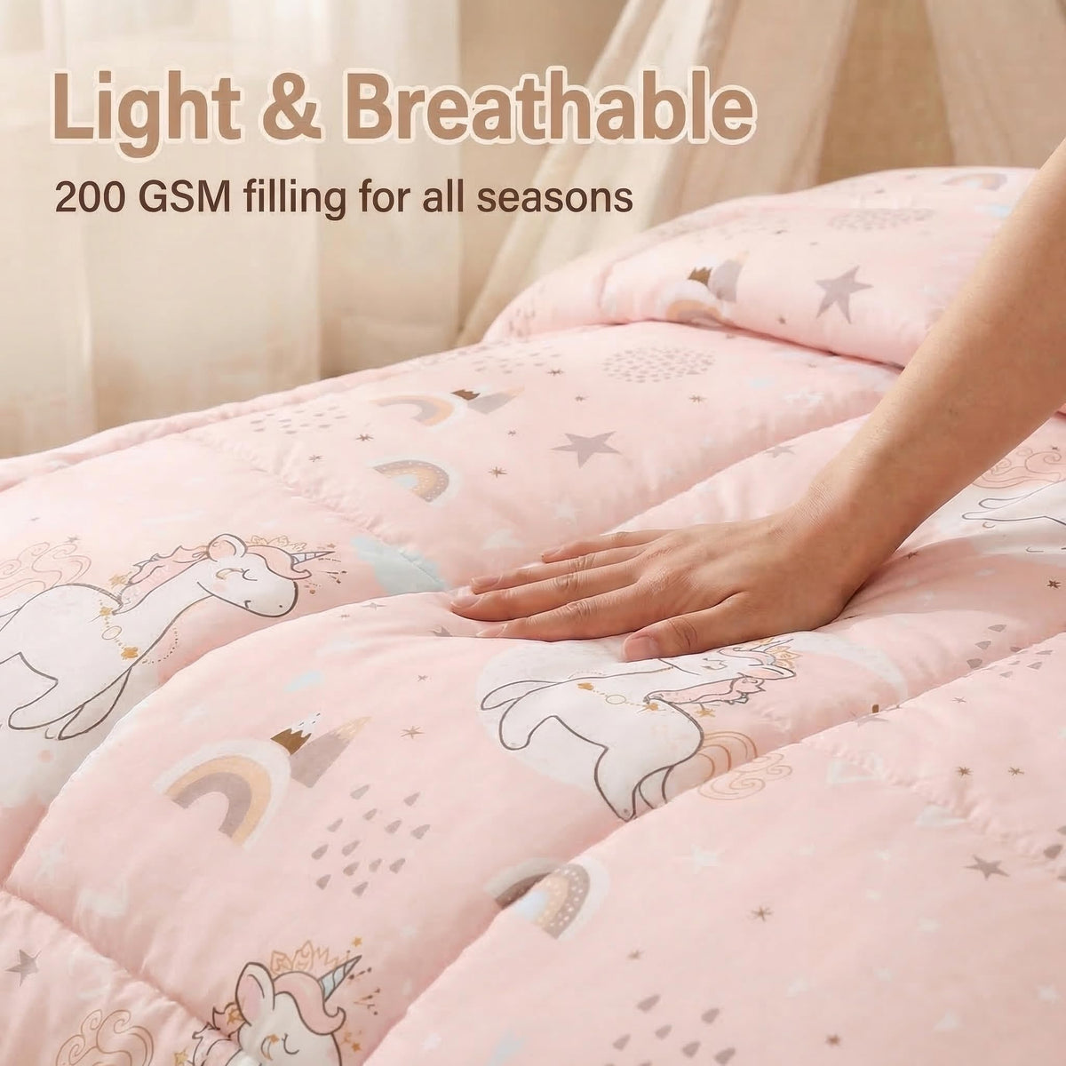 JSD Pink Unicorn 4 Piece Toddler Bedding Set, Girls Printed Microfiber Comforter Set, Includes Flat Sheet, Fitted Sheet, Quilted Comforter and Pillowcase