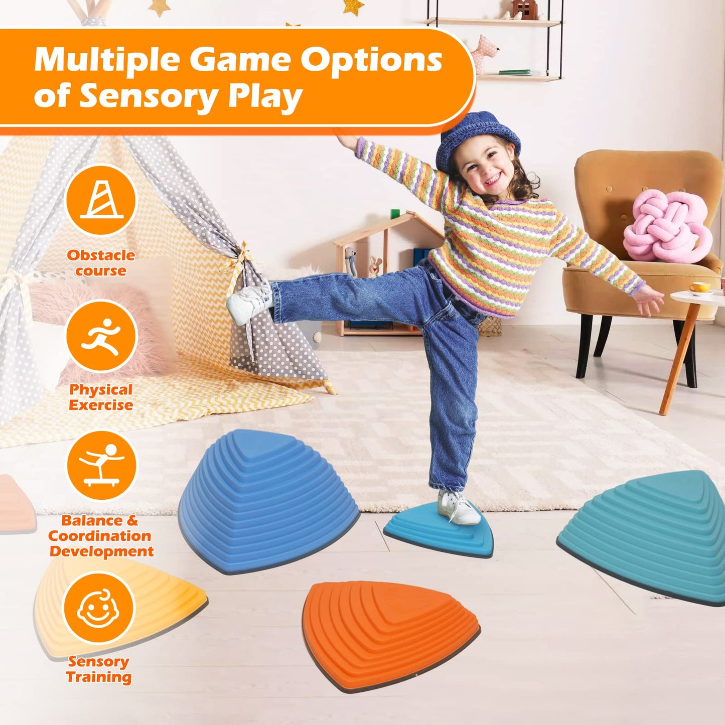 Stepping Stones Kids 12Pcs Non-Slip Toddler Stepping Stones for Promoting Children's Coordination Skills Obstacle Courses Sensory Toys for Indoor & Outdoor (Blue)