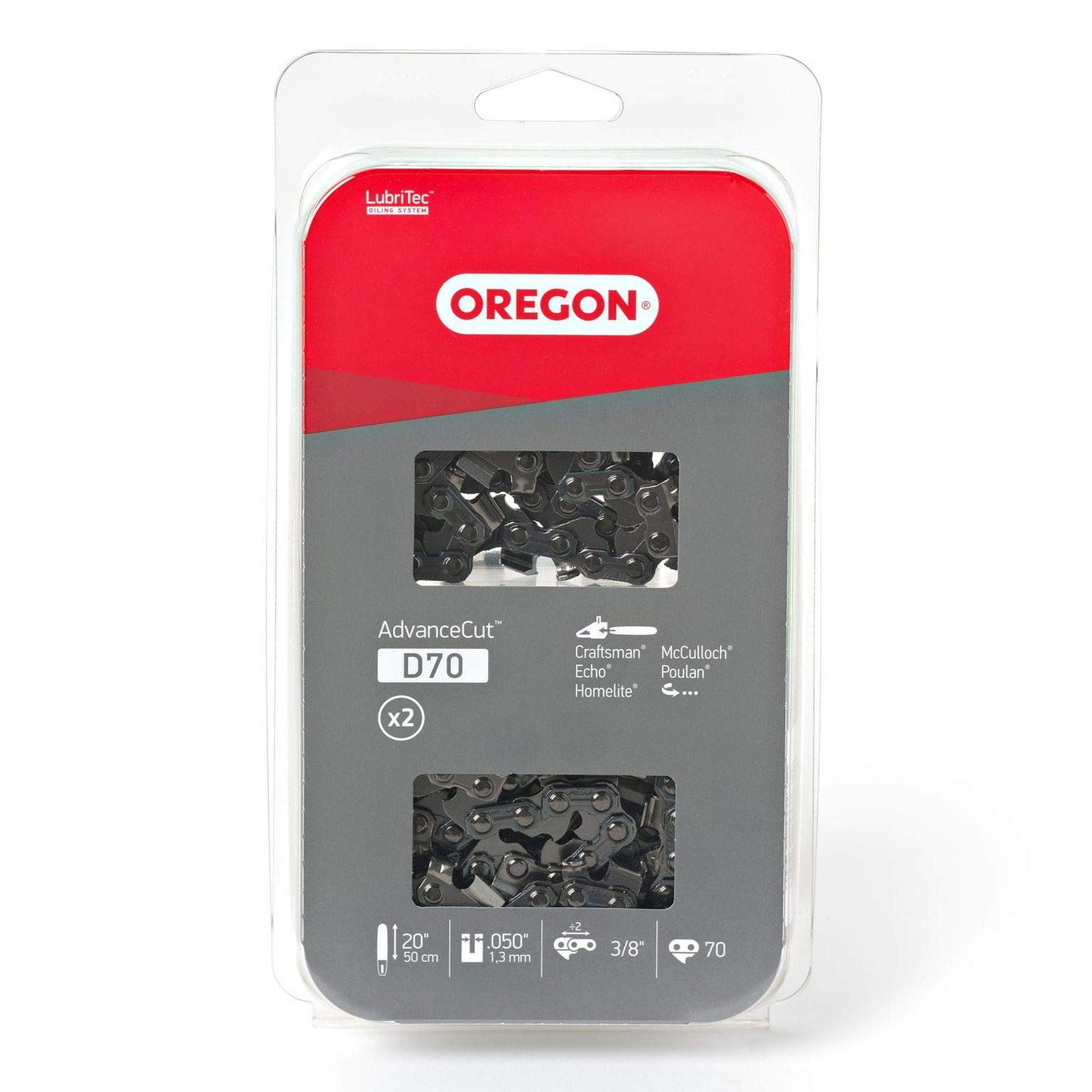 Oregon D70T AdvanceCut Chainsaw Chain for 20-Inch Bar; Fits Echo CS600P, CS-680, CS-550EVL, Poulan 3400, Homelite XL 12 and Super XLAO & More; 70 Drive Links (2 Pack)
