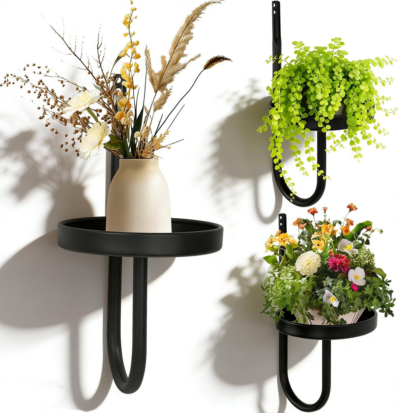 Vitalsvn Wall Plant Holder 3 Pack J-shape Wall-Mounted Plant Stand Metal for Indoor Outdoor Single Planter Holder for Window Plant