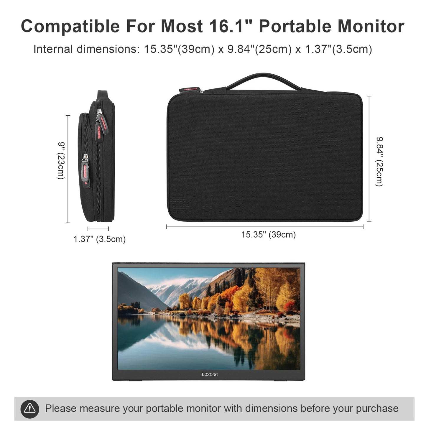 16.1/15.6 Inch Portable Monitor Case, 15.6 inch Laptop Protective Carrying Cover with PU Handle, Large Accessory Pocket and Water Resistant for Travel Monitor Bag Display Screen Sleeve, Black
