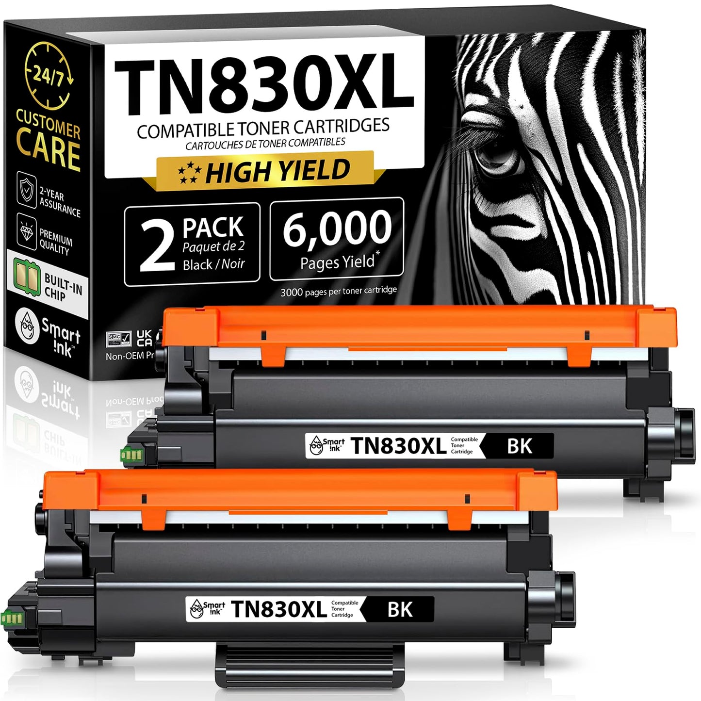 Smart Ink Compatible TN830XL Toner Cartridge Replacement for Brother TN830XL TN830BK TN830 XL with CHIP (2 Pack) to use with DCP-L2640DW HL-L2460DW MFC-L2820DW HL-L2400D HL-L2405W HL-L2865DW Printers