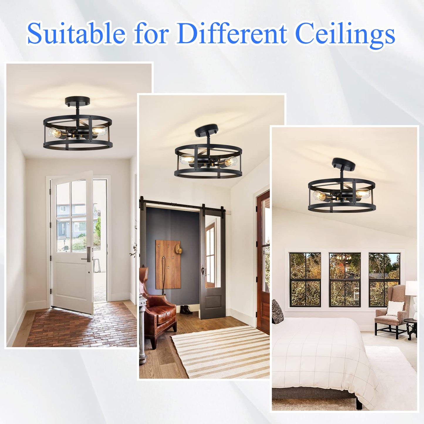 SKEJAO Semi Ceiling Light Fixture,3-Light Black Flush Mount Ceiling Light,13 Inch Hallway Light fixtures Ceiling,Light Fixtures Ceiling Mount for Farmhouse,Kitchen (2, 13.1 inch)