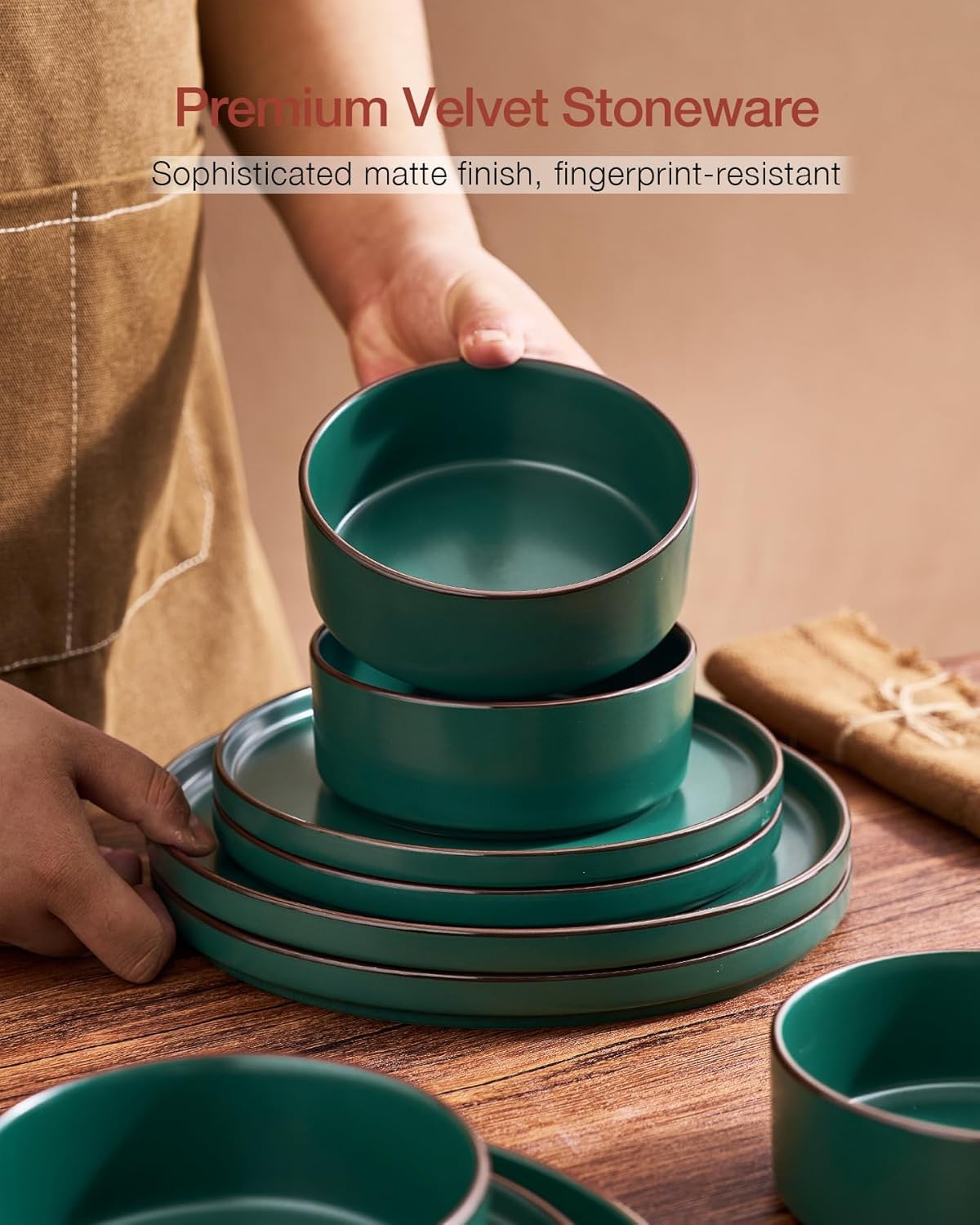 Richmount Nebula Ridge Stoneware Dinnerware Sets, Plates and Bowls Sets for 4, 12 Pieces Dishes Set, Microwave and Dishwasher Safe Kitchen Plates, Dark Green