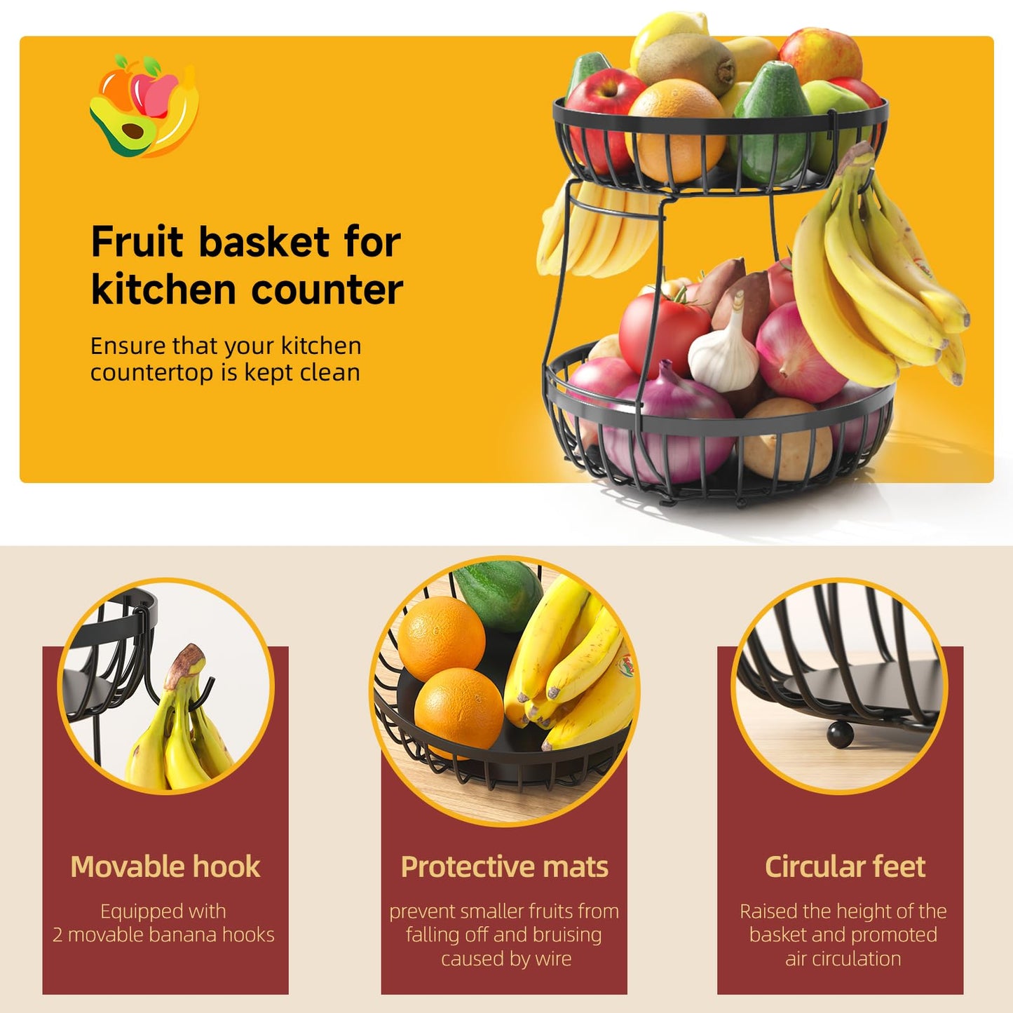 Sevenblue 2 Tier 2026 Large Fruit Basket for Kitchen Counter with 2 Banana Hangers, Detachable Metal Fruit Bowl, Stackable Fruit Holder for Bread Snack Veggies, Black Extra Large