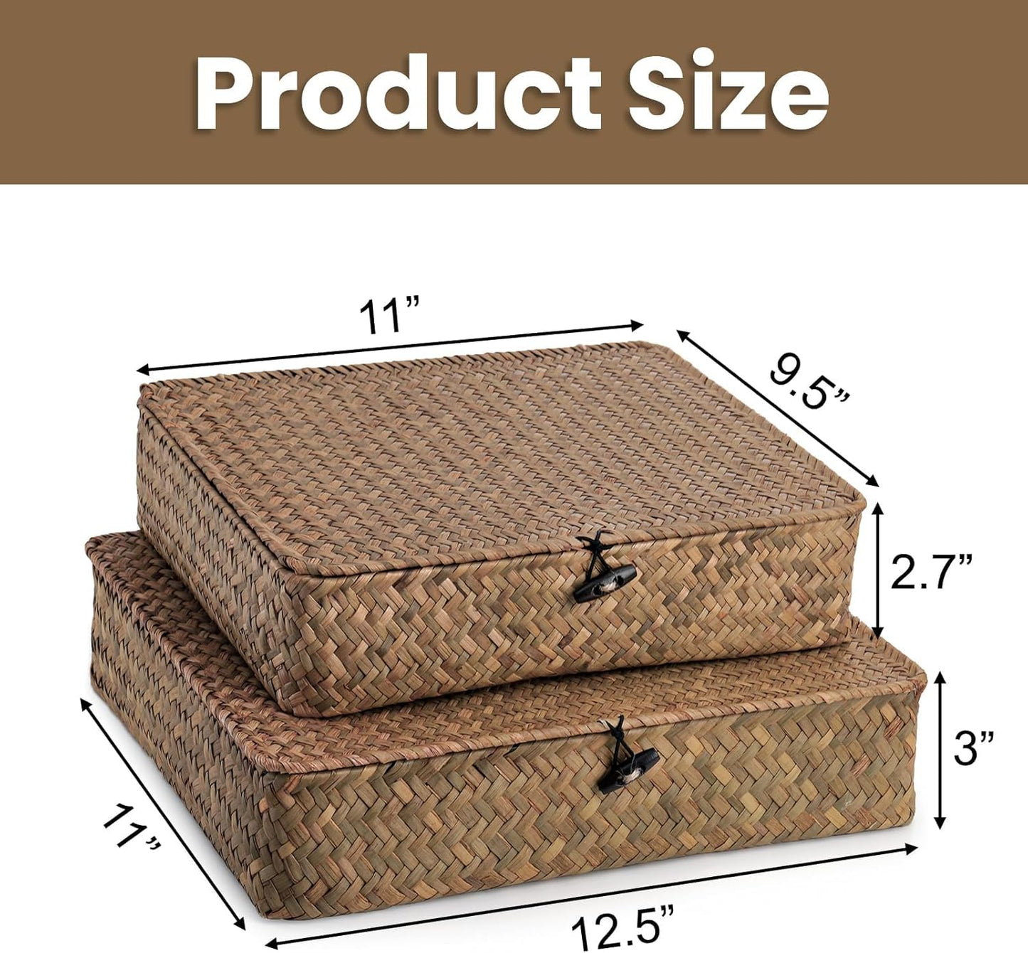 Elsjoy 2 Pack Flat Seagrass Storage Bins with Lid, Wicker Woven Storage Basket Set, Rattan Organizer Bins for Shelf, Closet, Bedroom