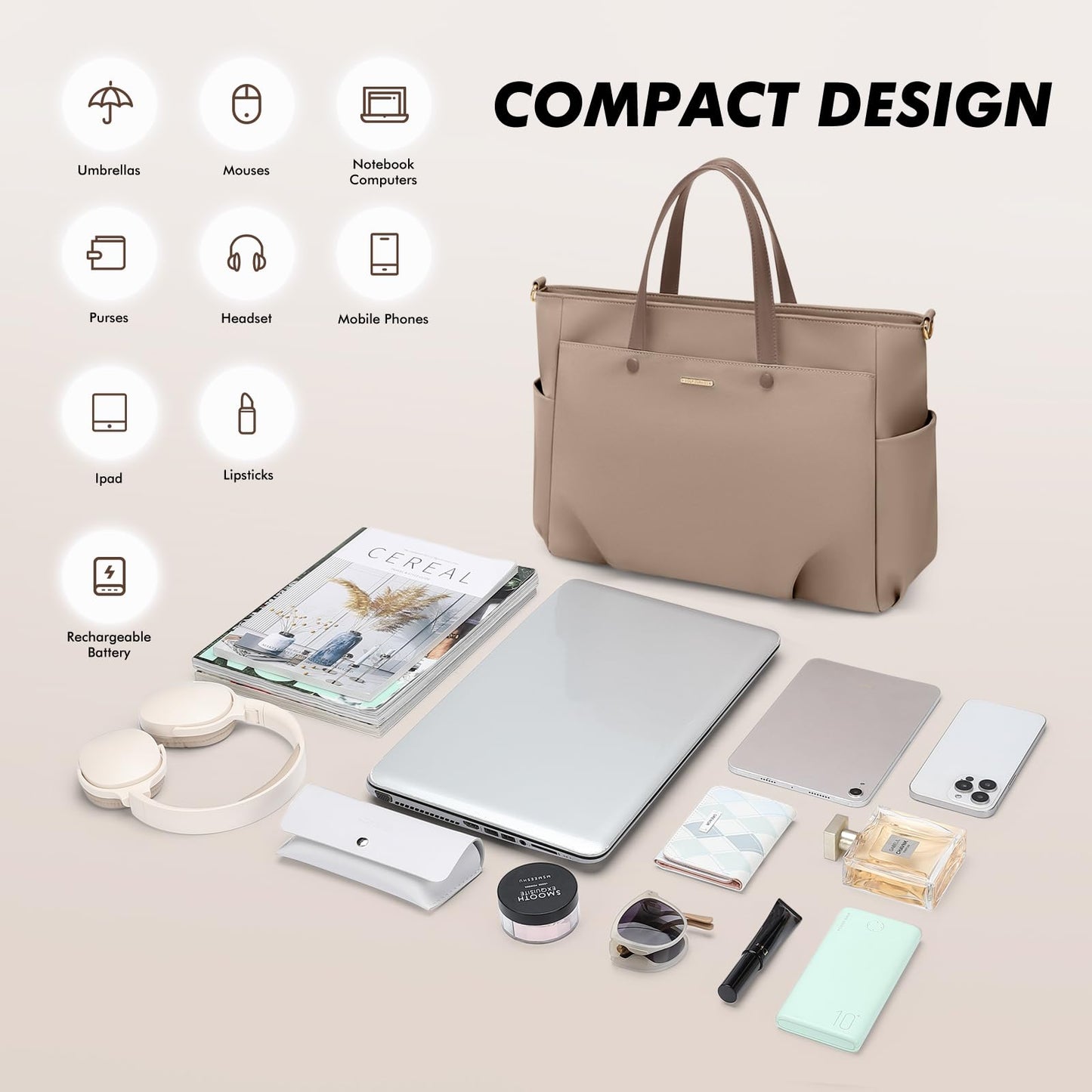 Laptop Tote Bag 15.6 Inch, Computer Shoulder Bag Large Work Tote Bag for Women, Laptop Carrying Case Stylish Handbag for Business Travel (Champagne)