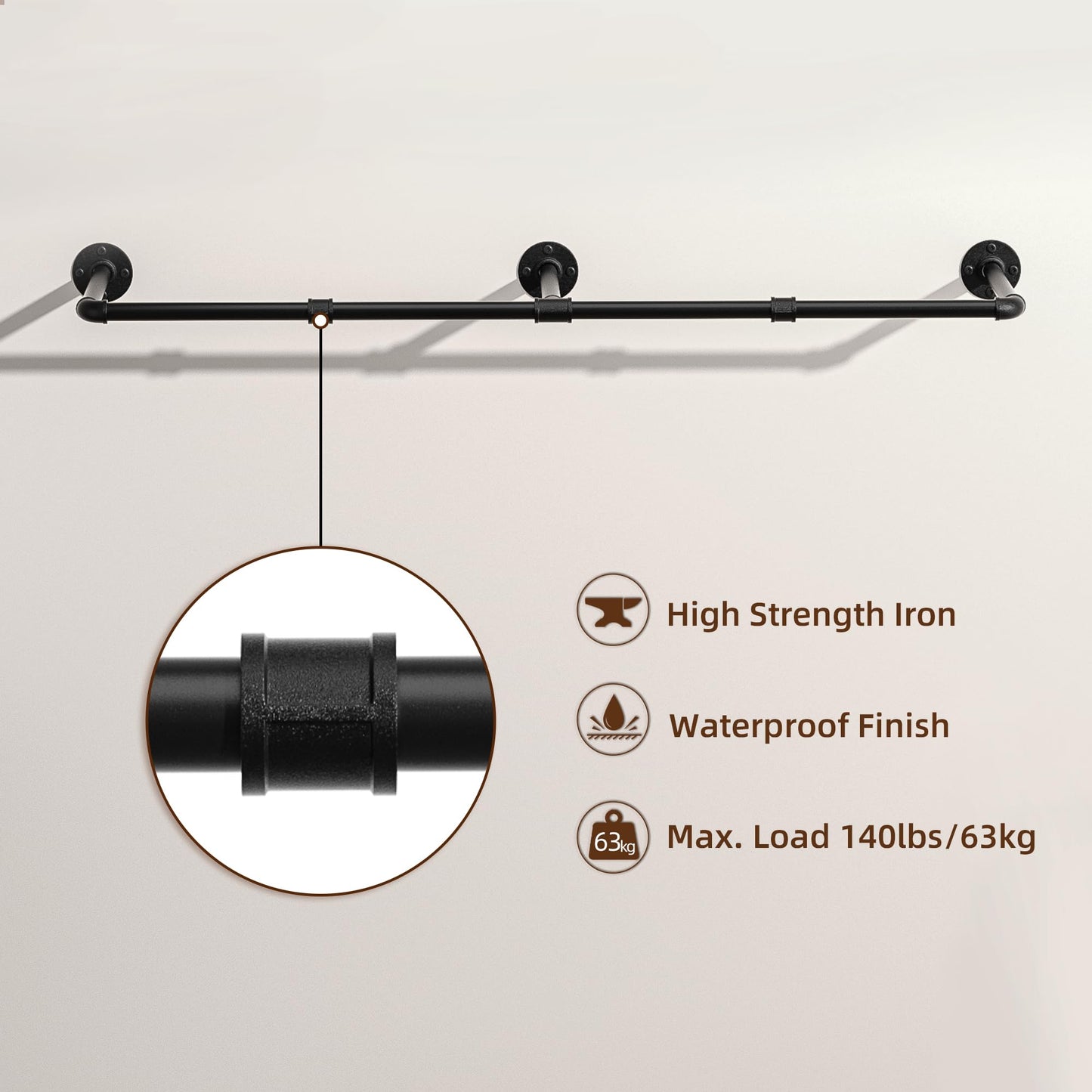 Pickpiff Vintage Clothes Rack, 55" Industrial Pipe Wall Mount Garment Rack, Space-Saving Heavy Duty Clothes Hanger for Closet Storage, 3 Bases, 1-Pack with 6 S-Hooks