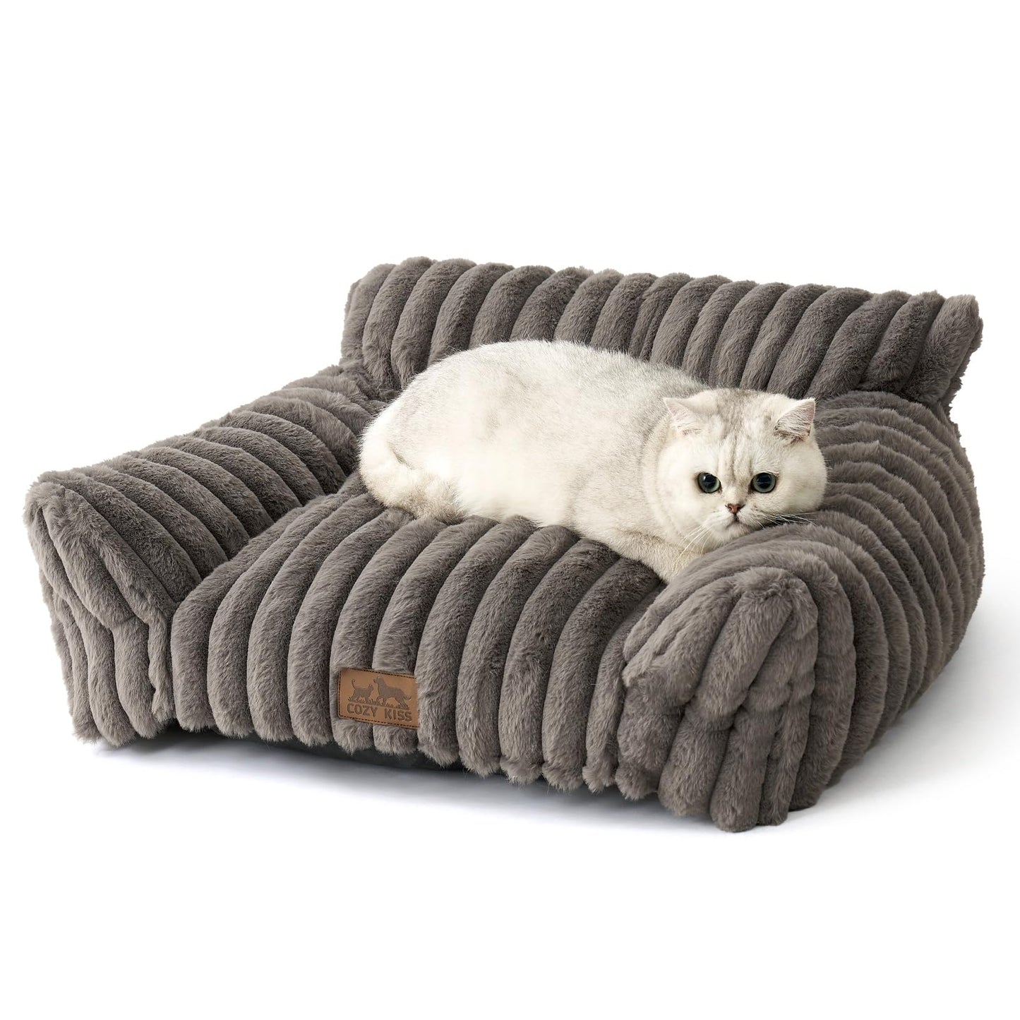 COZY KISS Cat Beds for Indoor Cats, Fluffy Cat Couch and Premium Faux Rabbit Fur Sofa Bed for Cats and Small Dogs, Ultra-Soft Supportive Pet Couch Furniture, 65x45 cm (Grey, Small)