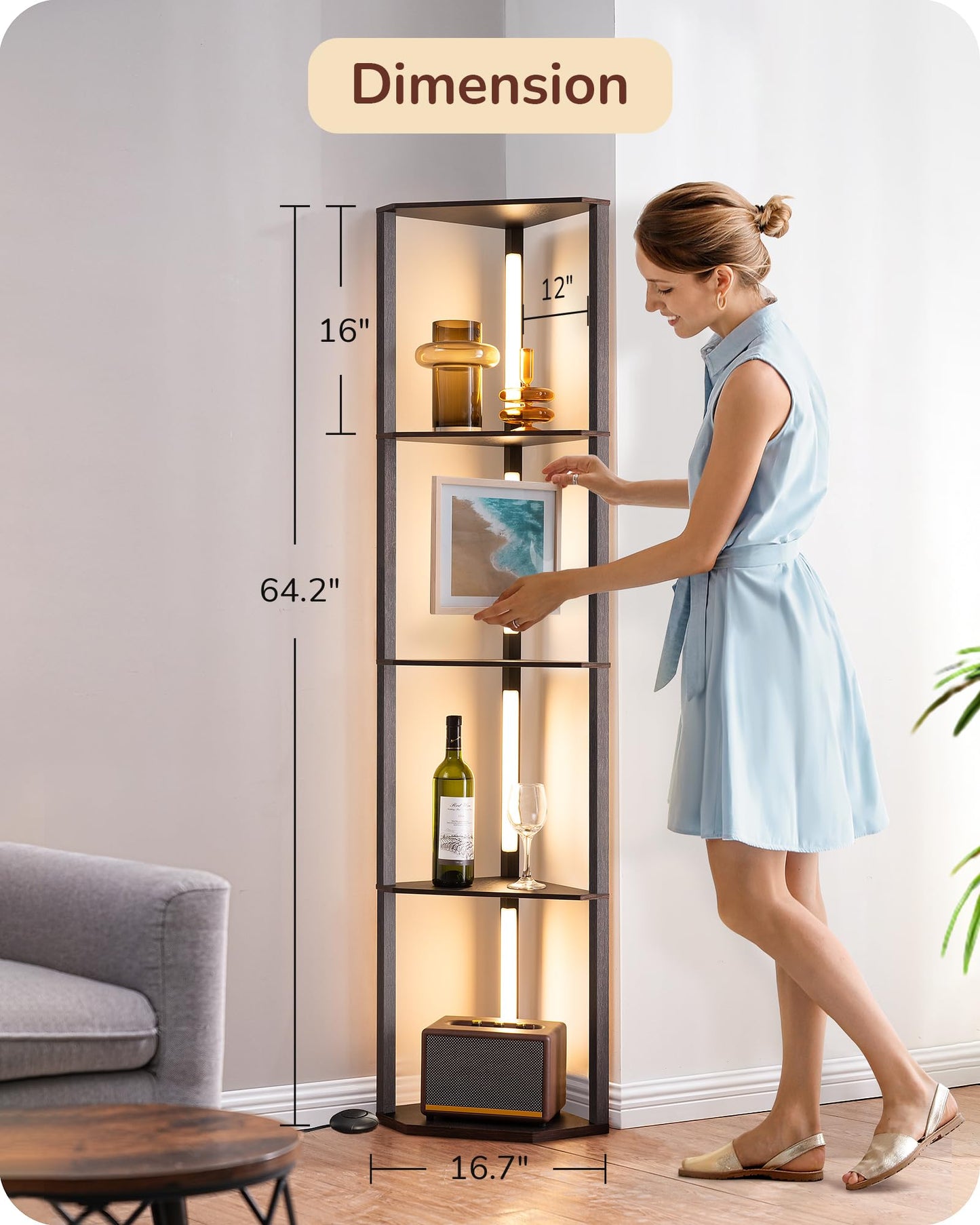 EDISHINE 64" Corner Shelf Floor Lamp for Living Room, Modern LED Corner Light with Shelves, 3CCT, Stepless Dimmable Tall Floor Light for Bedroom, Office, Dining Room, 3000K 4000K 5000K, Black Walnut