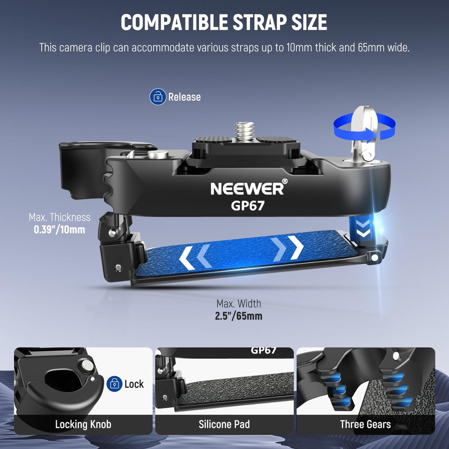 Neewer Backpack Camera Clip Mount with Square QR Plate, Upgraded Safety Latch, Quick Release Camera Belt Clip Backpack Strap Compatible with Peak Design PD QR System Canon Nikon Sony DSLRs, GP67