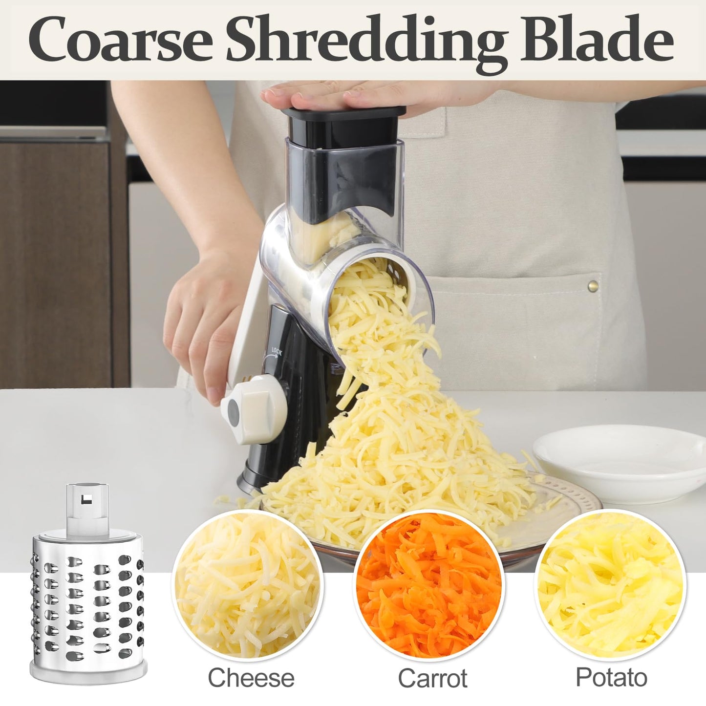 Cambom Rotary Cheese Grater Hand Crank Cheese Shredder for Fresh Cheese, Vegetable, Nuts,Non-Slip Suction Base, Five Blades, Black
