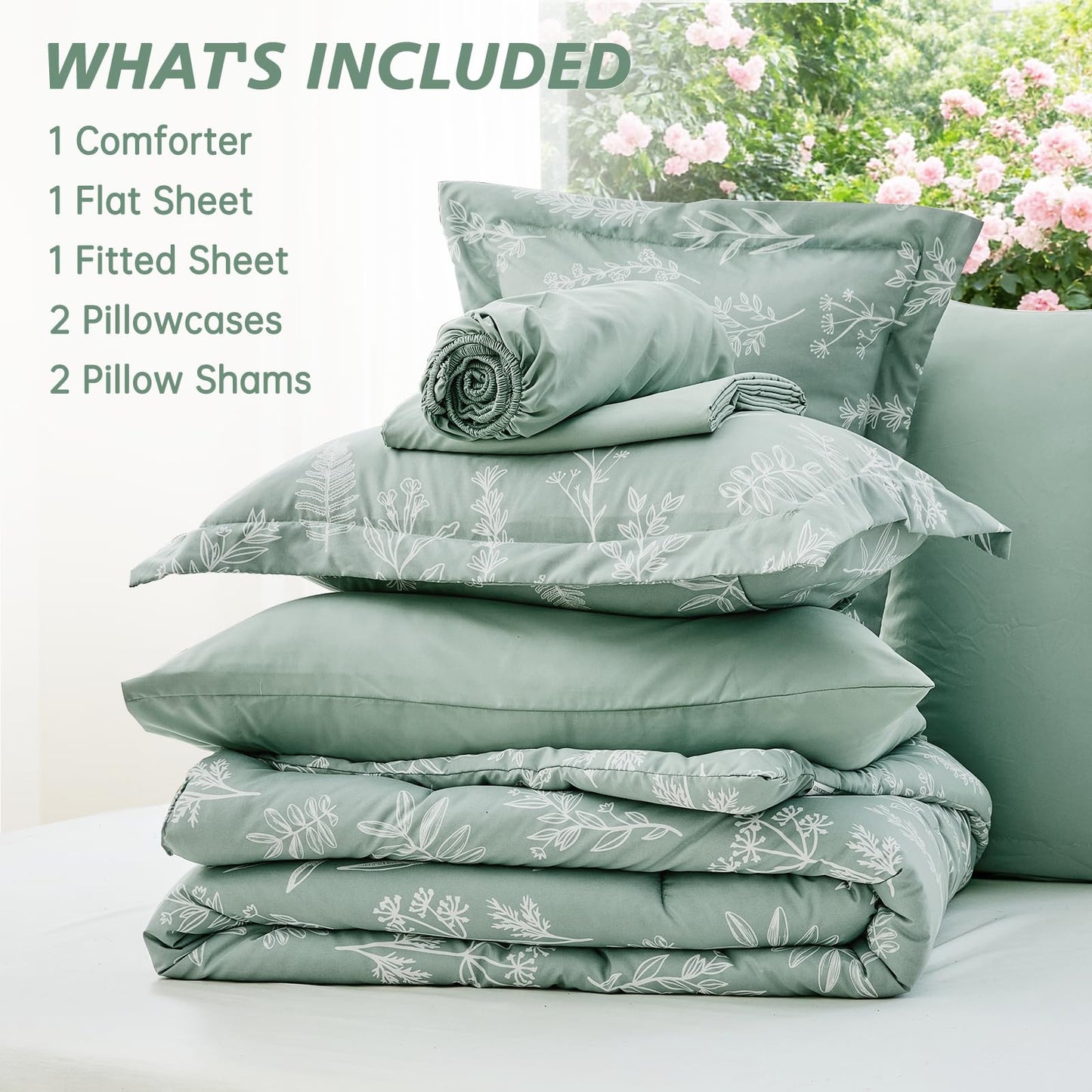 MUXHOMO Bed in a Bag Queen 7 Pieces, Sage Green Queen Comforter Set Reversible Botanical Flowers Design, Ultra Soft & Breathable Bedding Sets with Comforter, Sheets, Pillowcases & Shams