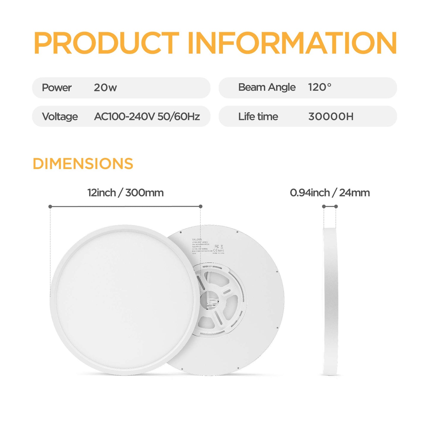 Taloya 2 Pack 12 Inch LED Flush Mount Ceiling Light Fixture for Living Room Basement Closet Hallway Laundry Room Porch,20W Equivs to 200W 3000k/3500k/4000k/5000k/6500k