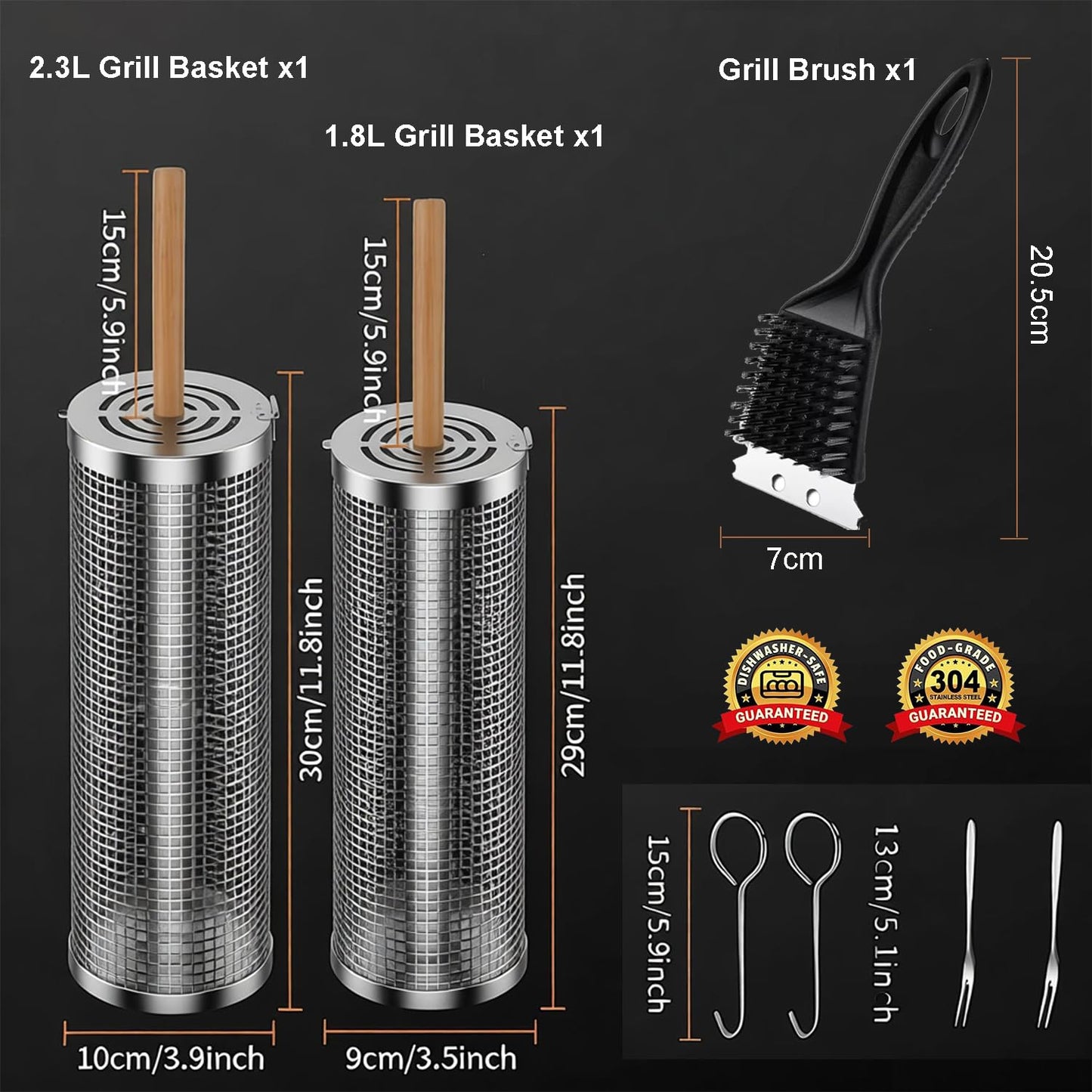 2 Pack Rolling Grill Basket, Removable Wooden Handle, 304 Stainless Steel, Smoker BBQ Accessories for Vegetable Fish Meat, Outdoor Grill Camping Backyard Cooking, Nesting BBQ Tools Birthday Gifts for Men Dad Husband
