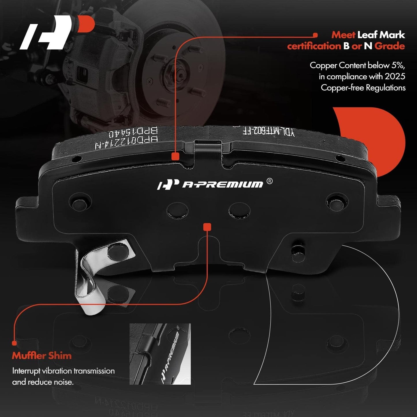A-Premium Rear Ceramic Disc Brake Pads Set Compatible with Select Hyundai and Kia Models - Accent, Elantra, Elantra Coupe/GT, Sonata, for Veloster, Cadenza, Forte, Optima, Soul, Forte Koup, Forte5