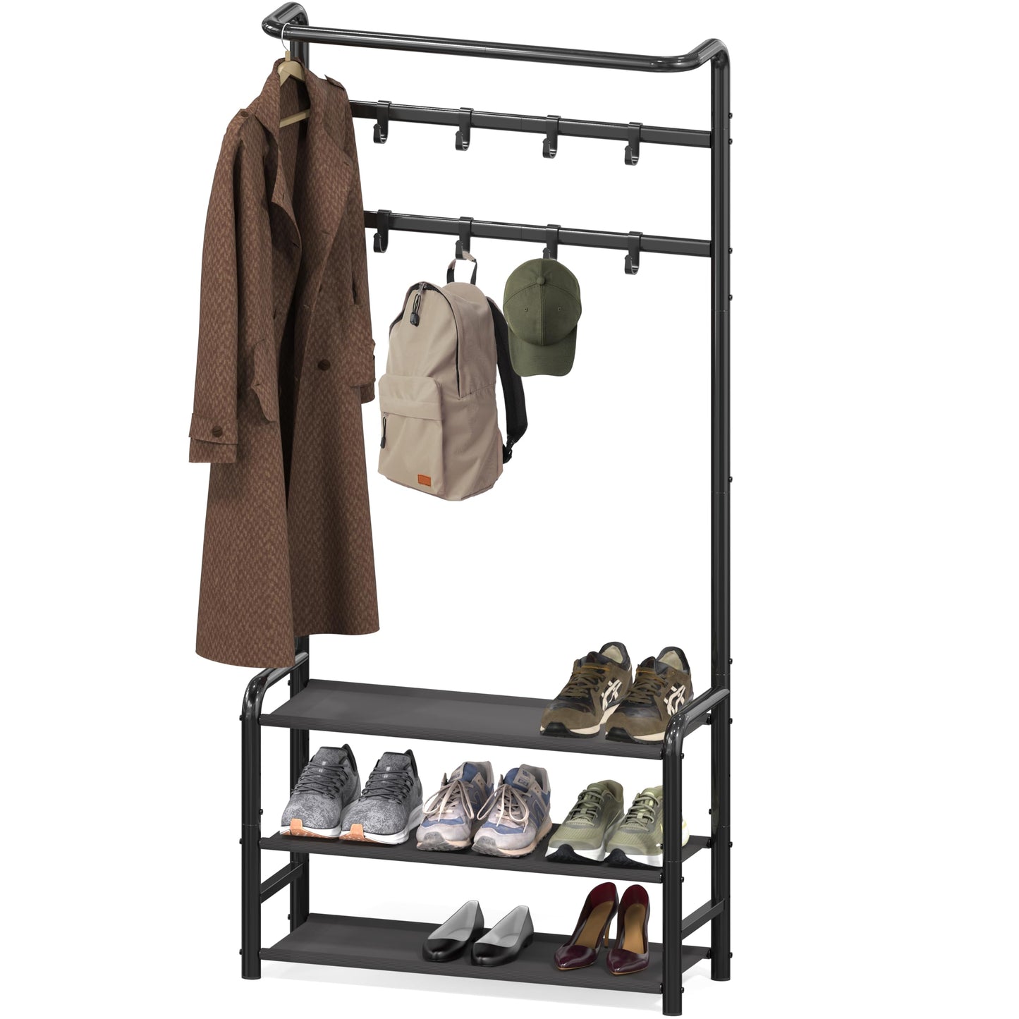 Simple Houseware Coat Rack with Storage Shelf, Hall Tree with Shoe Rack for Entryway, Black