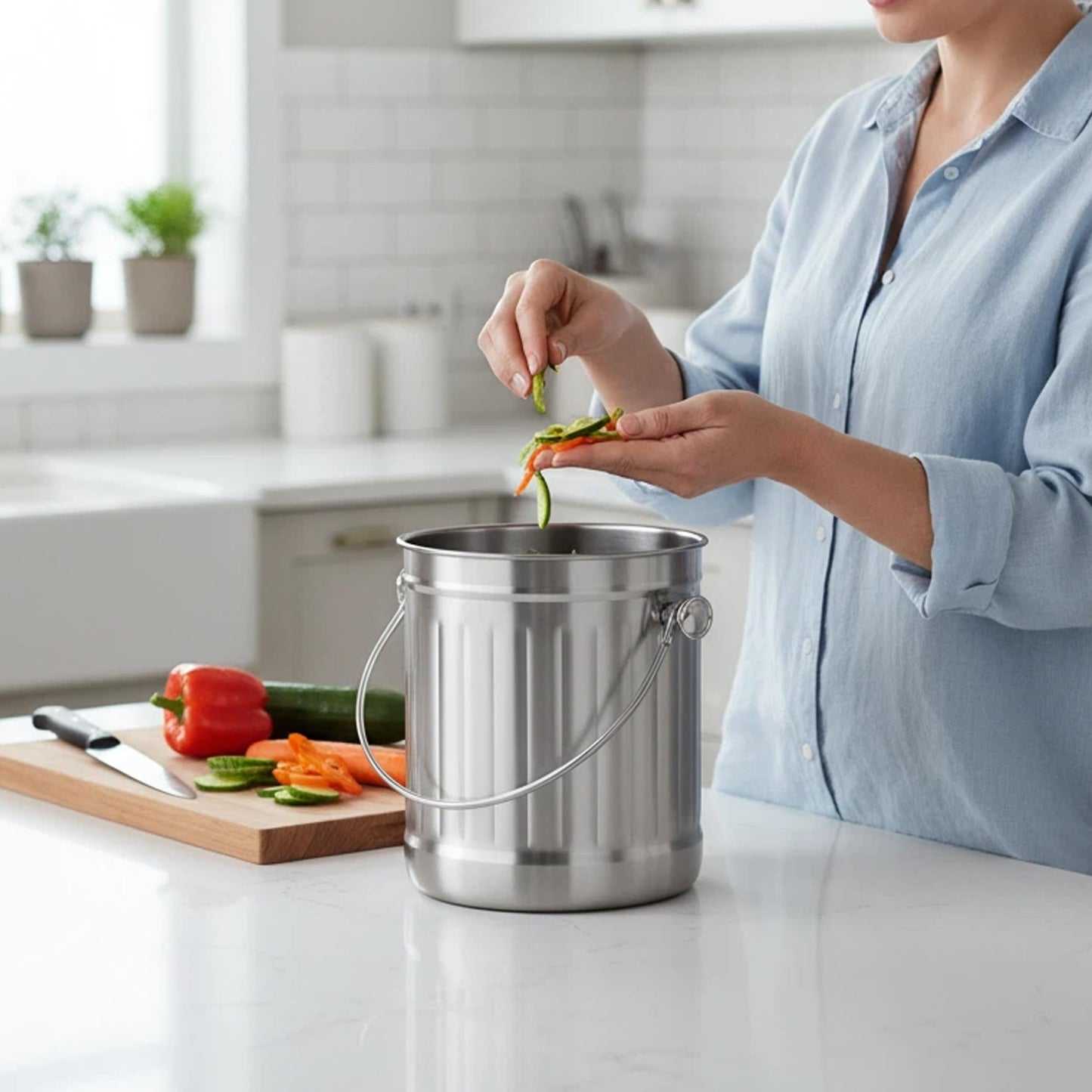 Veinvify 1.3 Gallons 5L Brushed Stainless Steel Kitchen Countertop Undersink Indoor Odorless Composting Compost Bin Countertop Composter with Charcoal Filter Inside Lid Brushed
