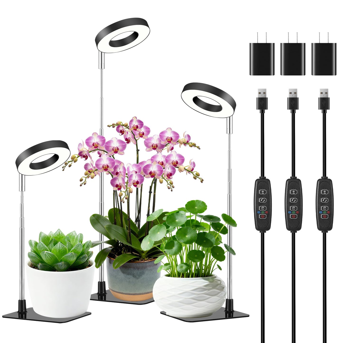 Plant Light for Indoor Plants, 48 LEDs Full Spectrum Growing Lamp, Height Adjustable Stand with Base, 3/9/12H Timer, 10 Brightness Levels, Black, 3 Pack