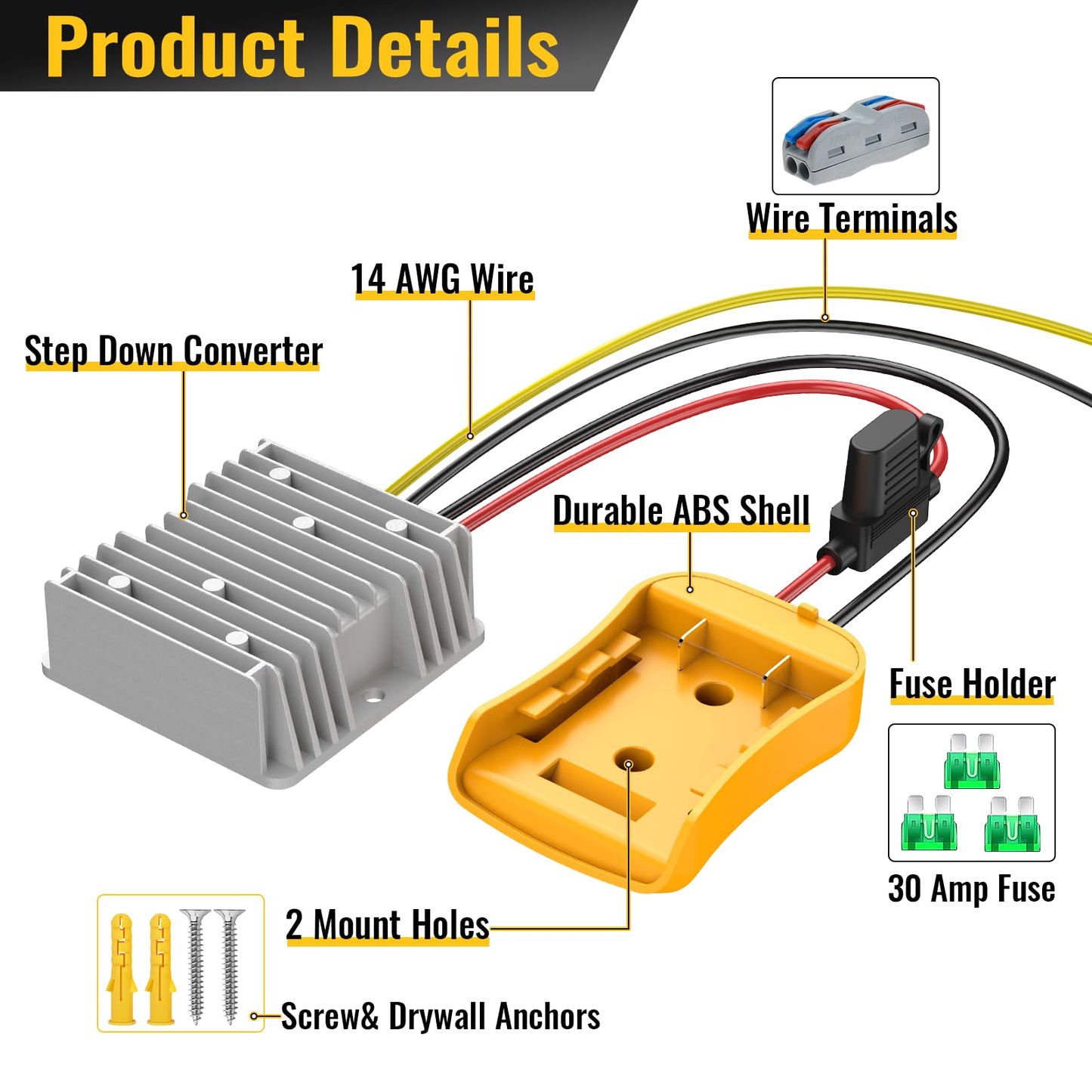 20V to 12V Step Down Converter Compatible with De-Walt 20V Power Wheel Battery Adapter, DC 12V 20A 240W Buck Converter Regulator with 30A Fuse & Wire Terminal