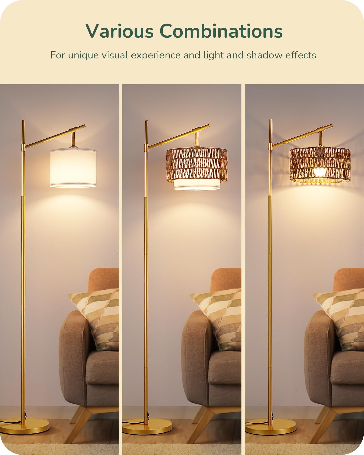 EDISHINE 64" Arc Floor Lamp with Remote, Gold Farmhouse Standing Lamps for Living Room, Rattan & Fabric Dual Shades, Dimmable LED Bulb, Foot Switch, Adjustable Head Boho Lamp for Bedroom, Nursery