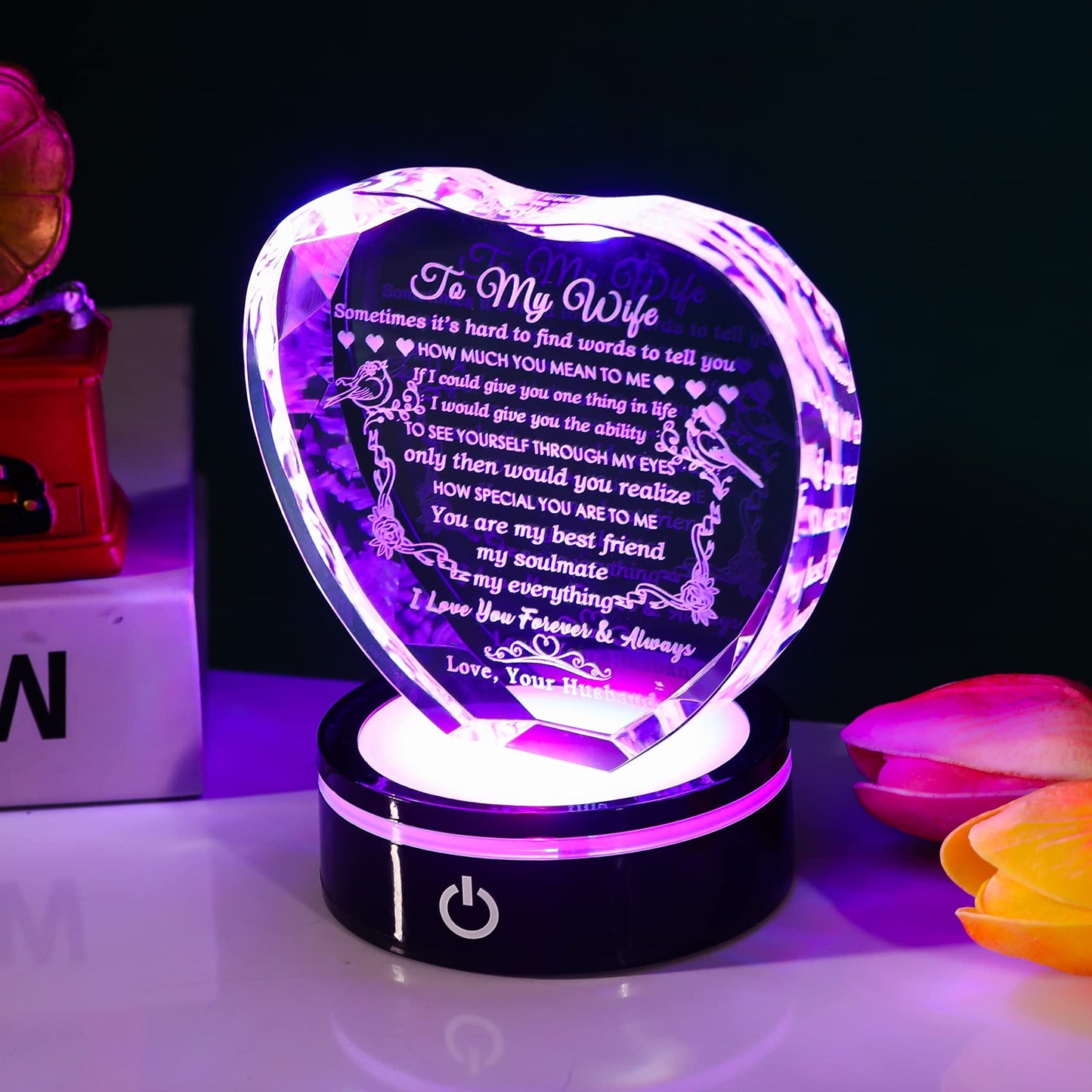 YWHL Gifts for Wife: Crystal Heart Keepsakes with LED Base - I Love You Gifts for Her from Husband