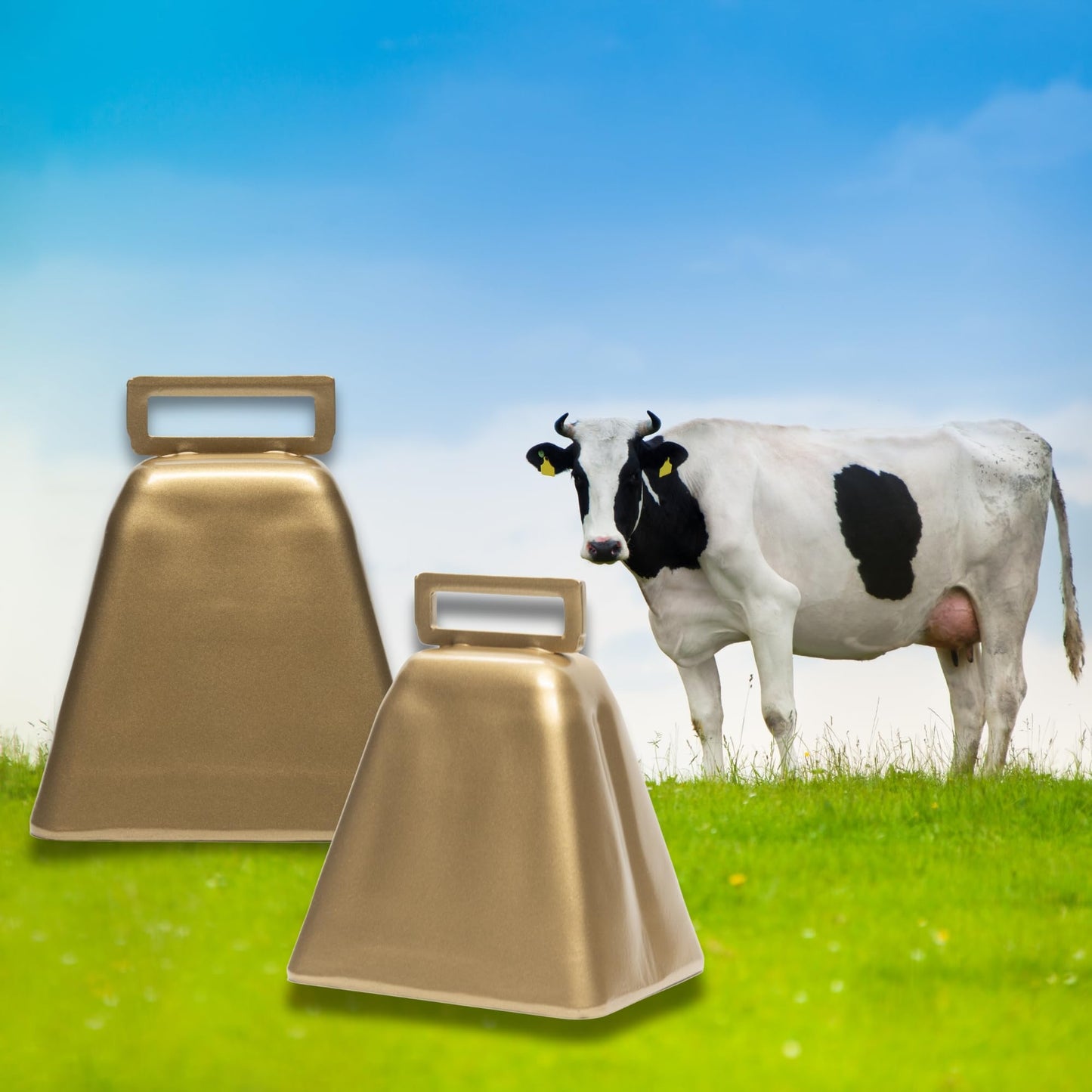 Bevin Bells Long Distance Cow Bells 10LD (Gold & Gold) | Christmas Bells | Made from Steel | Loud Noise Makers | w/White Strap Around The Handle | Easier to Hold | Made in CT, USA