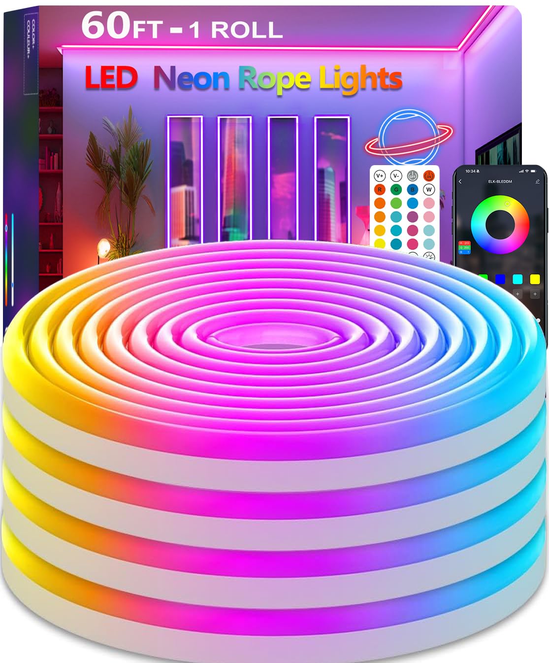 60Ft Neon Rope Lights,Flexible Led Rope Lights Control with App/Remote,Multiple Modes Rope Lights,IP65 Outdoor Waterproof,Music Sync Light Strip for Bedroom