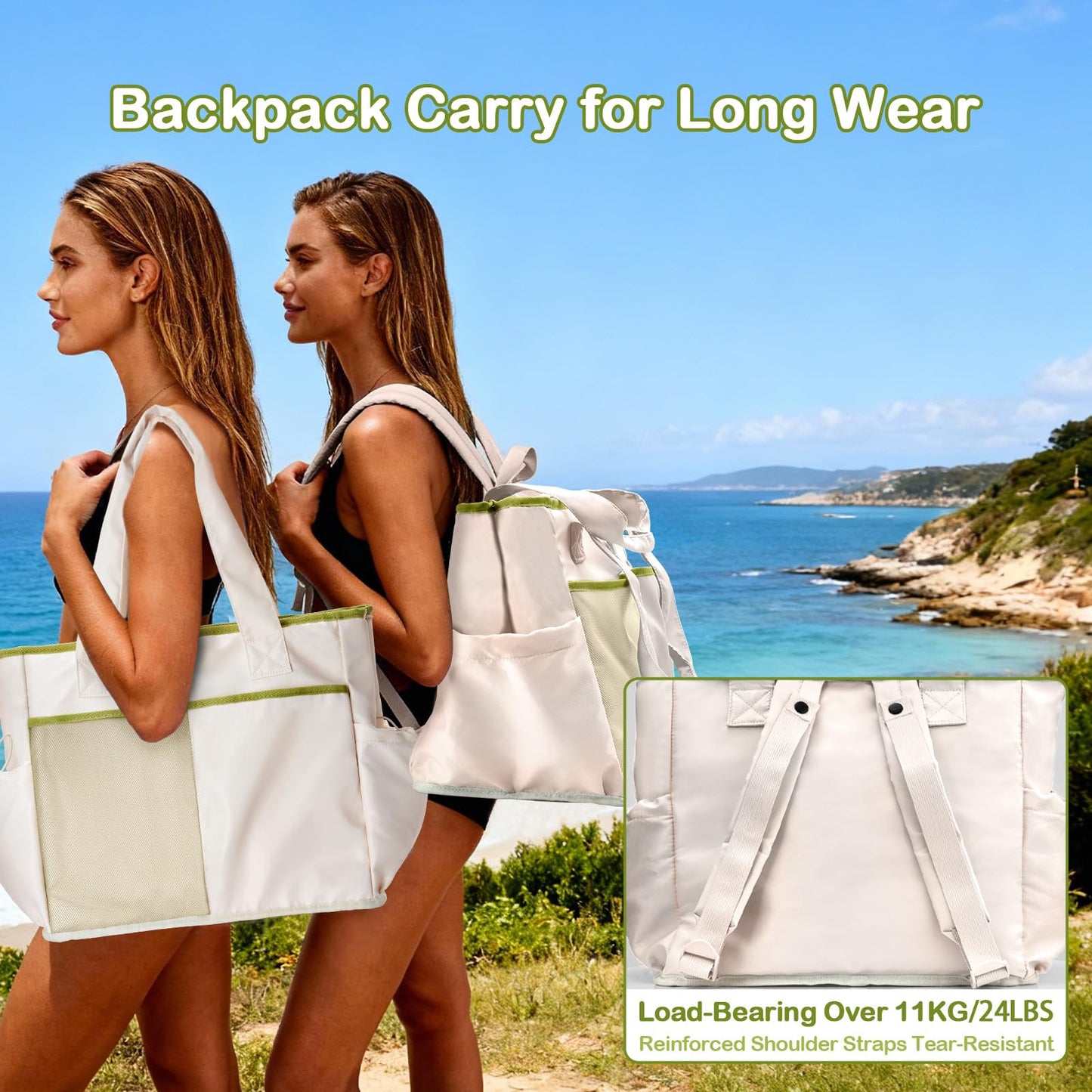 Odoland Cooler Bag, Insulated Leakproof Beach Cooler Backpack with 2 Compartment for Women, 2 in 1 Large Capacity Soft Tote Cooler Bag with Multiple Pockets for Beach Picnic Trip Daily Use,White