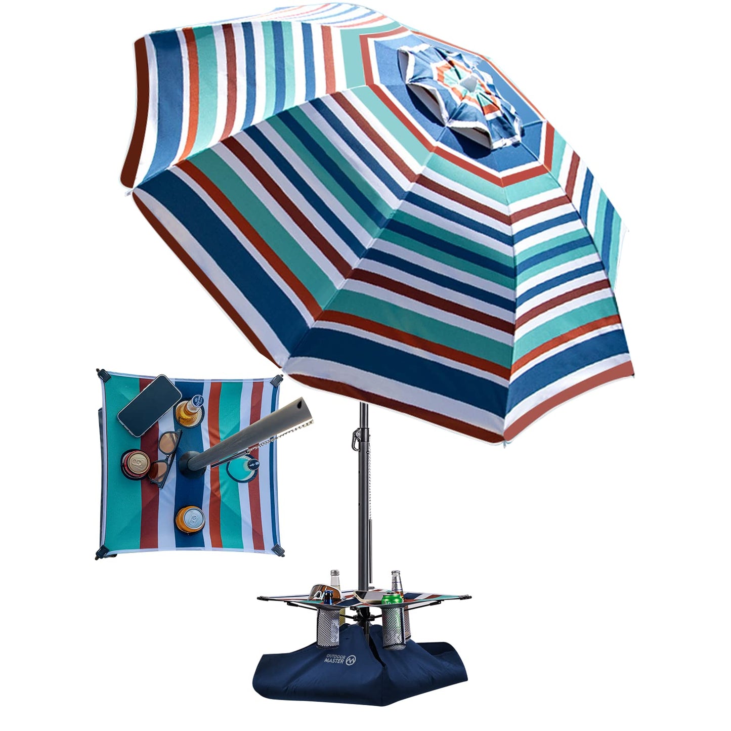 OutdoorMaster Beach Umbrellas for Sand with Sandbag & Anchor, 6.5ft Adjustable Umbrella for Beach Heavy Duty Wind, Portable UPF50+ Sunshade with Carry Bag for Patio, Blue Red Striped