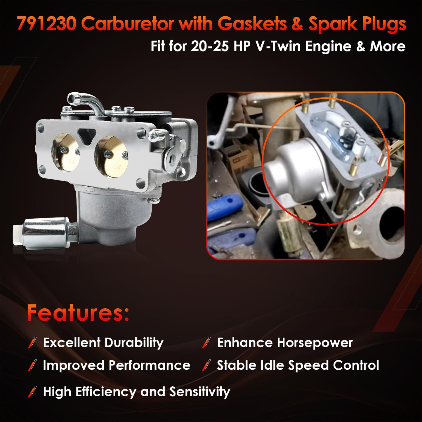 791230 Carburetor, Compatible with 20-25 HP 4 Cycle V-Twin Engine 405777 406777 407777, John Deere MIA10632 LA150 LA130 L120 with Filters, Replaces#: 799230, 699709, 499804