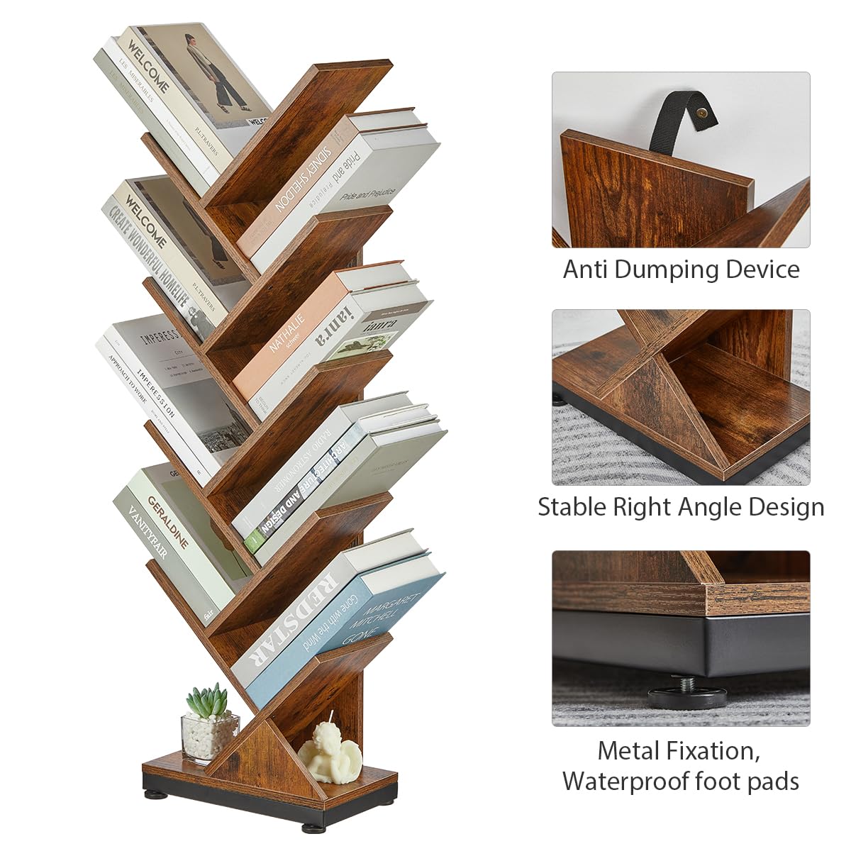 RUBOKA 9 Tier Tree Bookshelf, Shelf Floor Standing Bookcase Display for CDs/Magazine/Books, Retro Bookcase for Bedroom, Living Room, Office, Balcony, Book Organizer Storage Shelve, Classic