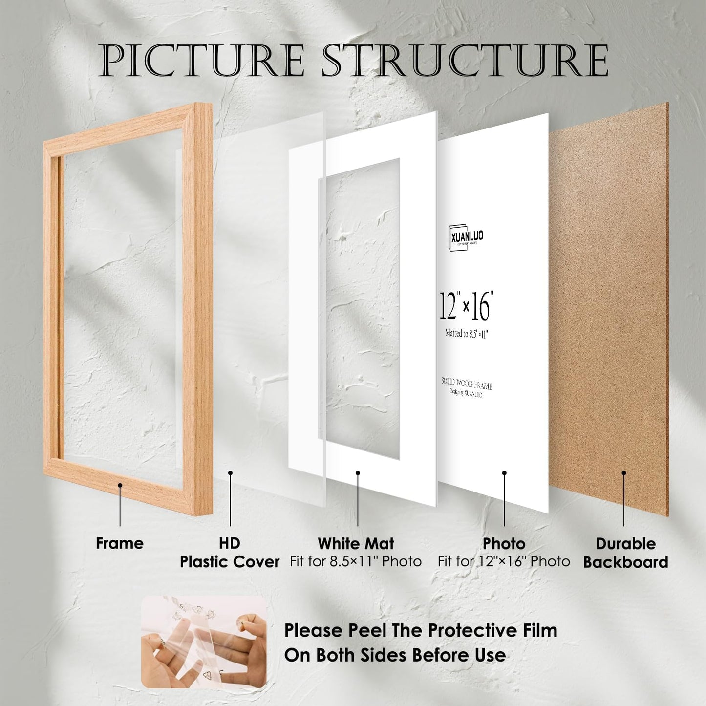 XUANLUO Picture Frames-3 Pack 12x16 Picture Frame,Natural Oak Wood Photo Frames,Display 8.5x11 with Mat or 12x16 Without Mat,Wall Display Ideal for Home Decor