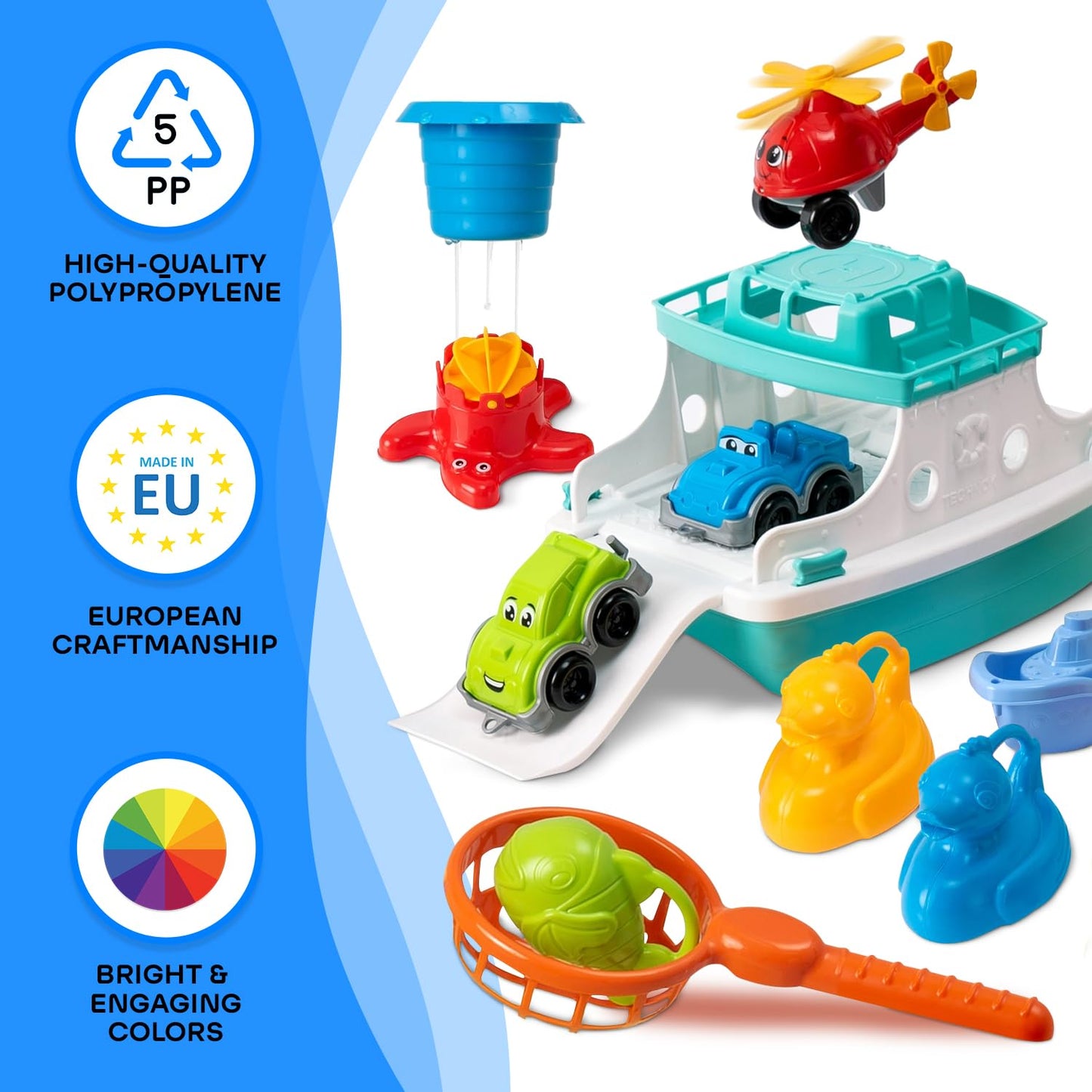 Ferry Boat Toys Set with Helicopter 2 Cars | Baby Bath Toys for Toddlers with Stacking Cups | Baby Water Toy with Bath Boats Train for Girls and Boys
