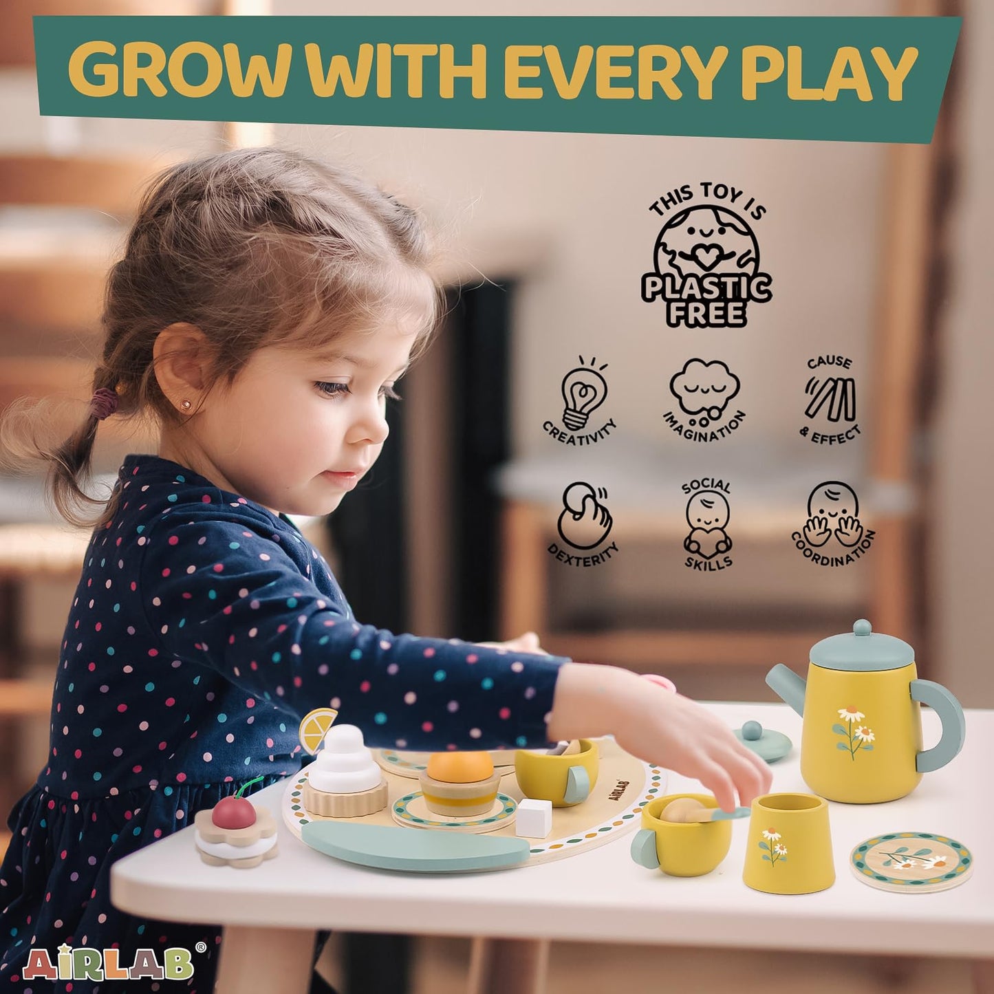 Airlab Tea Sets for Toddlers 3-5 Girl Birthday Gift 2 Year Old Princess Party Wooden Play Food Toy Sets for Kids Kitchen Accessories Age 3 4 5 6 Wood Educational Toys