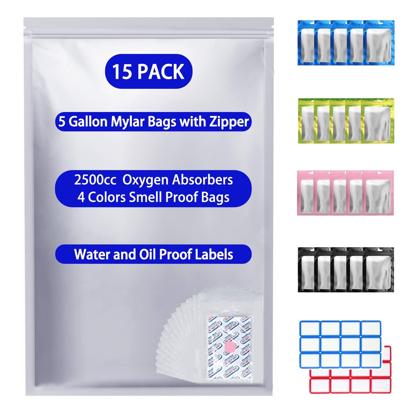 LinsKind 15 Pcs 5 Gallon Mylar Bags with 15 Pcs Individually Wrapped 2500CC Oxygen Absorbers for food storage, Zipper Resealable Heat Sealable Bags,24 Labels & 20 Pcs 1/2 Pint Mylar Bags(4 Colors)