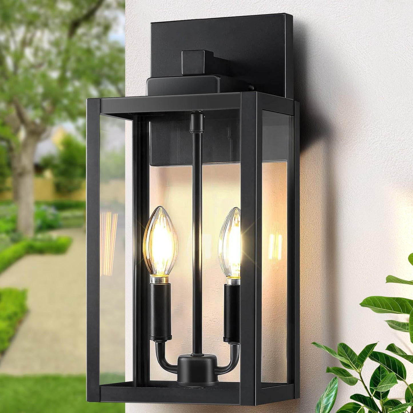15.5" Black Outdoor Wall Lantern 2-Light, Outside Modern Wall Sconce Light Fixture, Industrial Porch Light Wall Mount with E12 Sockets, Waterproof Exterior Lamp Lighting, 1 Pack