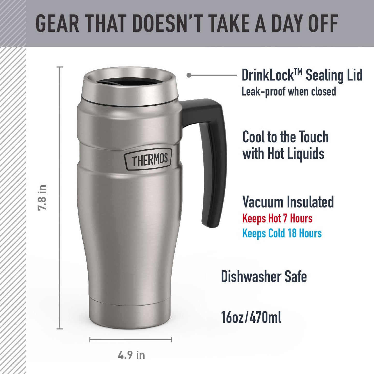 Thermos Stainless King 16 Ounce Travel Mug with Handle, Matte Steel, Gray