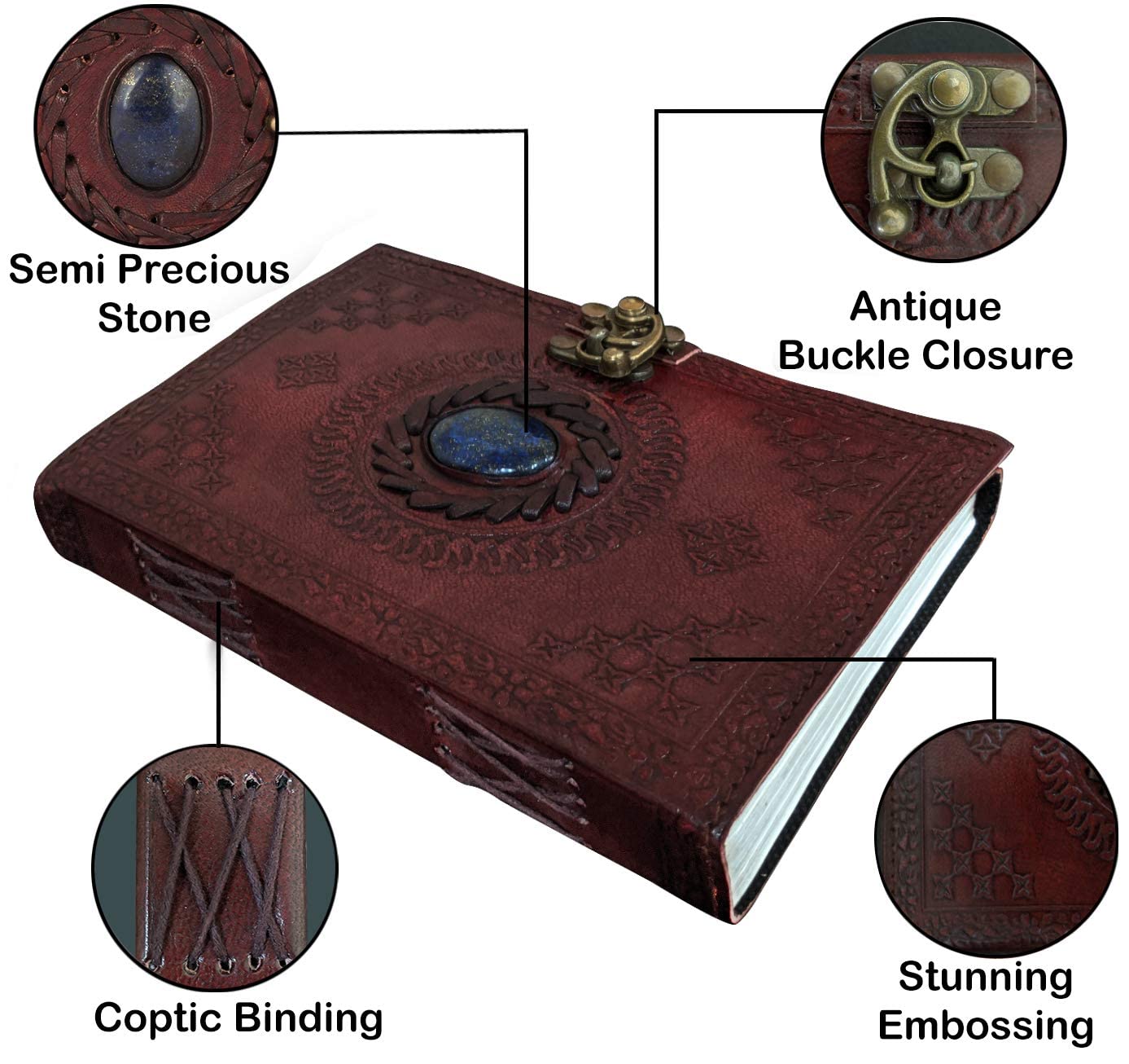 Leather Bound Journal for Men Women with Semi-Precious Stone & Buckle Closure - Book of Shadow Handmade Leather Travel Writing Notebook Diary Gift for Him Her