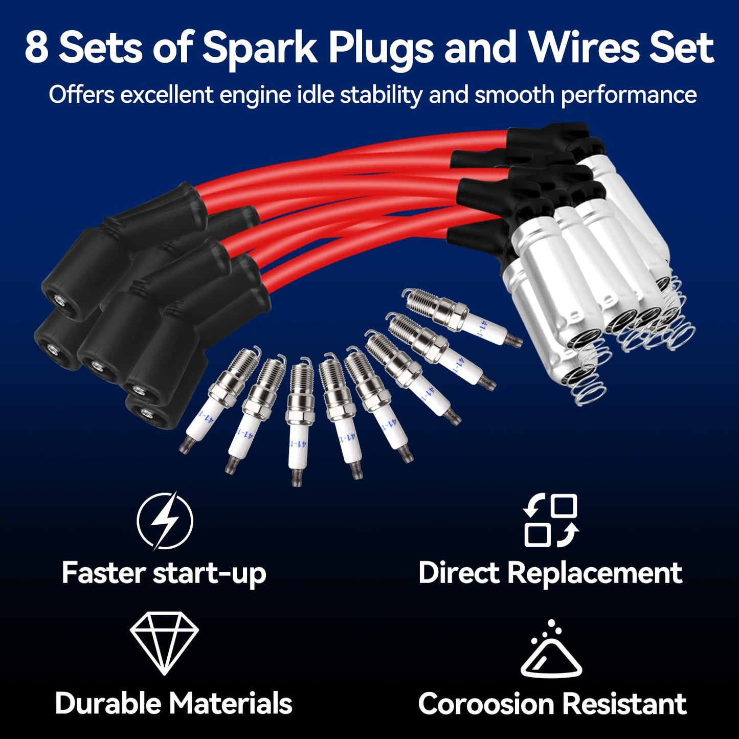 Spark Plug Wires & 41-110 Iridium Spark Plugs Compatible with 2000-2013 Chevy Silverado Suburban GMC Sierra Yukon Express Savana Cadillac Escalade 4.8L 5.3L 6.0L 6.2L V8 LS Replace for 41-162 9748HH