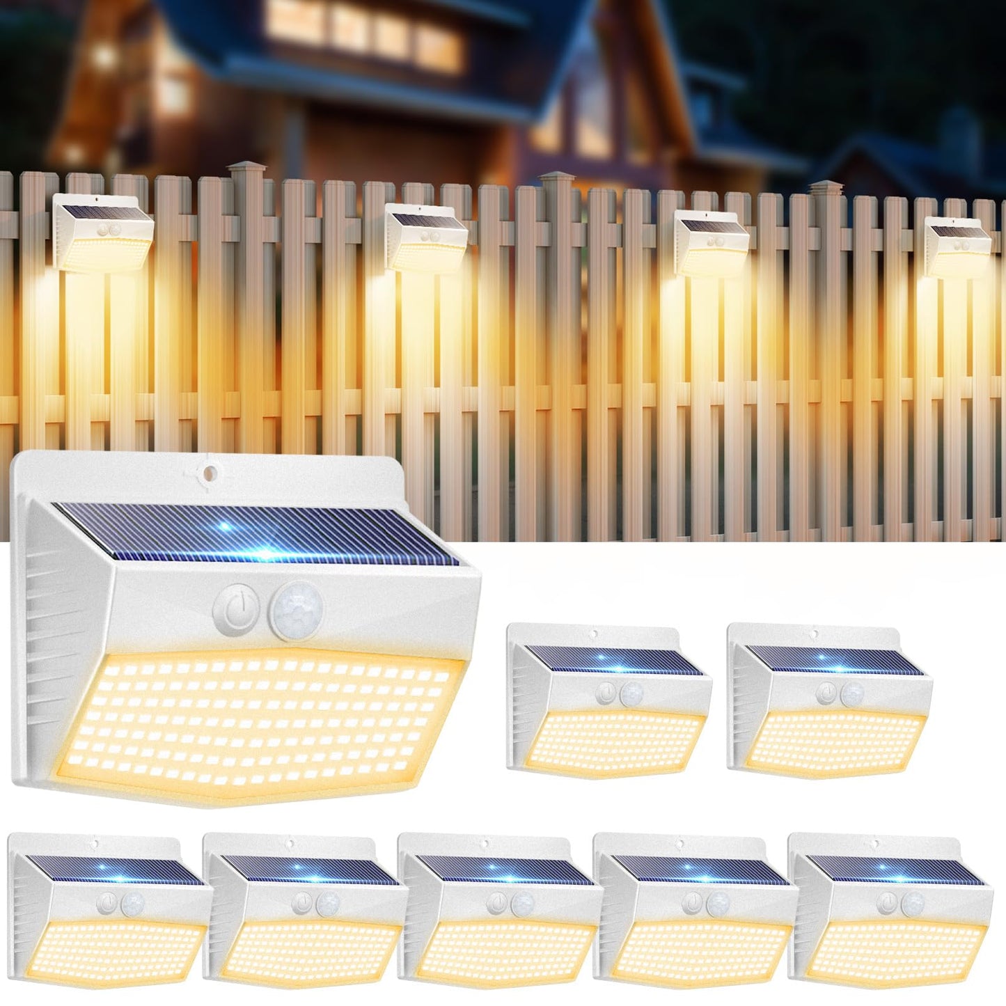 Peaur 3 Lighting Modes Solar Lights Outdoor, 8 Pack 138LED Solar Motion Sensor Light, IP65 Waterproof Wireless Wall Lights Solar Powerd Security Lights for Fence Yard Garden Deck Garage-Warm White
