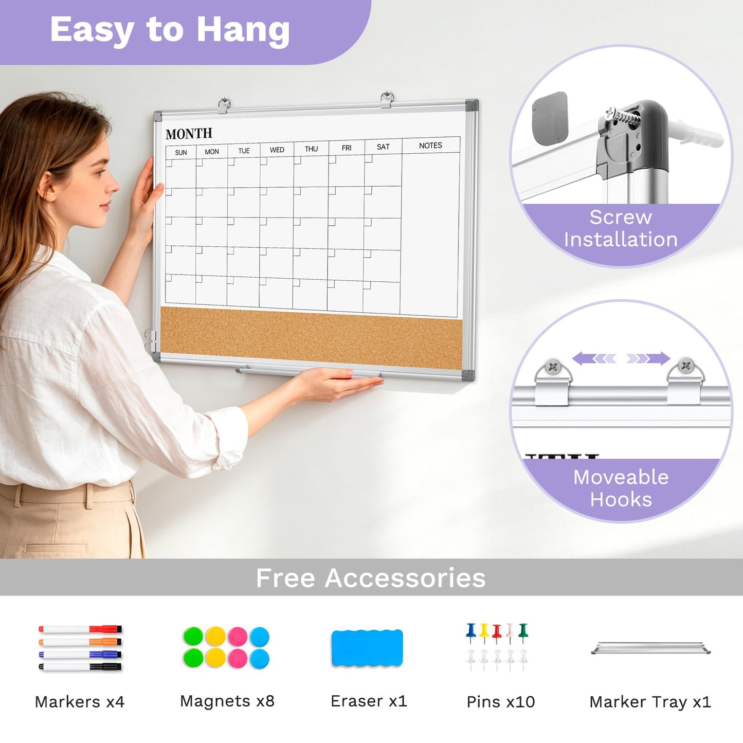 Dry Erase Calendar & Cork Board Combo 36"x24", Double-Sided Magnetic Whiteboard for Wall, Large Monthly Planner with 3-in-1 Versatility, Aluminum Frame Memo Board for Home, Office & School