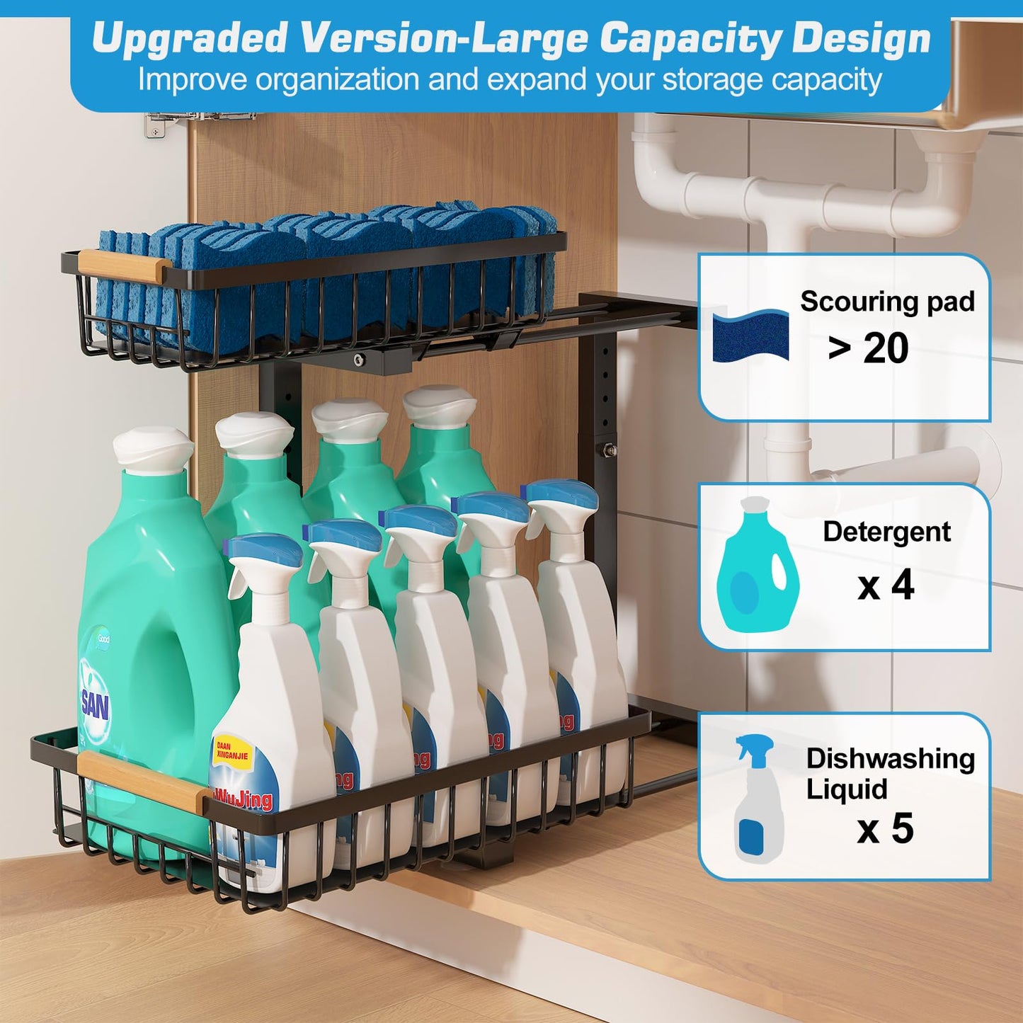 Floridy Under Sink Organizer 2 Packs, 2 Tier Slide Out Large Kitchen Sink Organizers and Storage Height Adjustable Under Cabinet Organizer for Kitchen Bathroom Pantry, Black