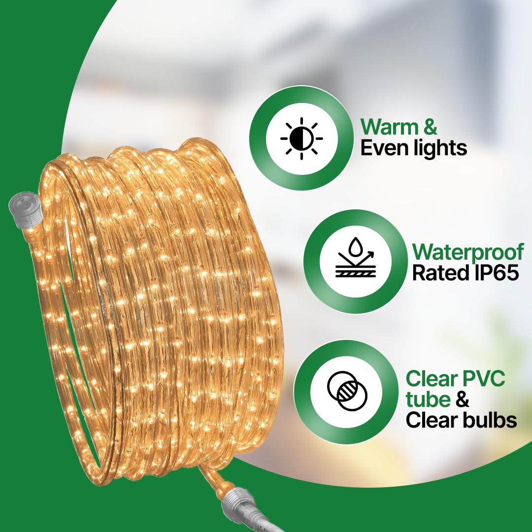 Rope Light CLEAR - for Indoor and Outdoor use 24 Feet (7.3 m) - 10MM Diameter - 288 CLEAR Incandescent Long Life Bulbs Rope Lights